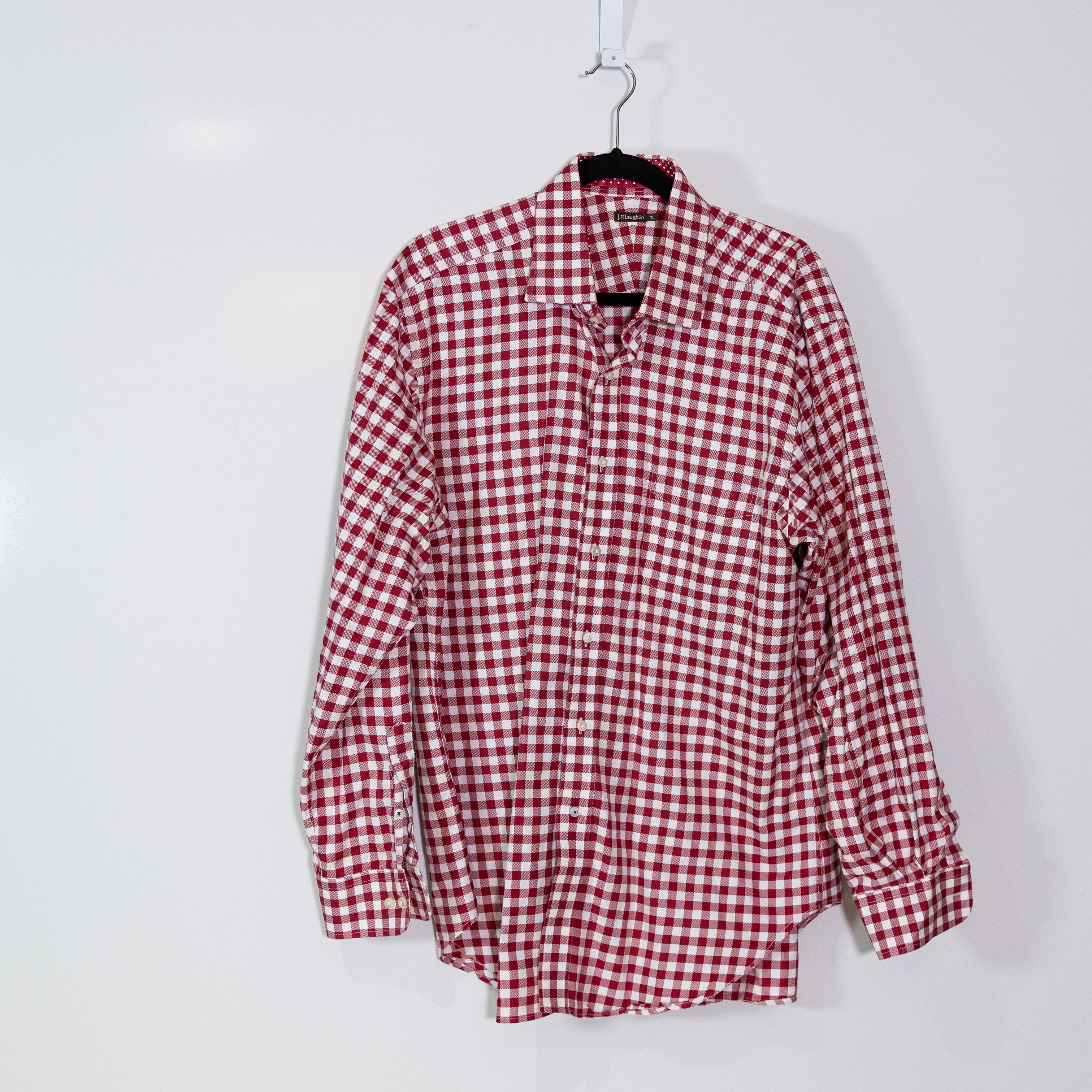 J. McLaughlin Men's Cotton Red White Gingham Check Collared Button Down Shirt XL