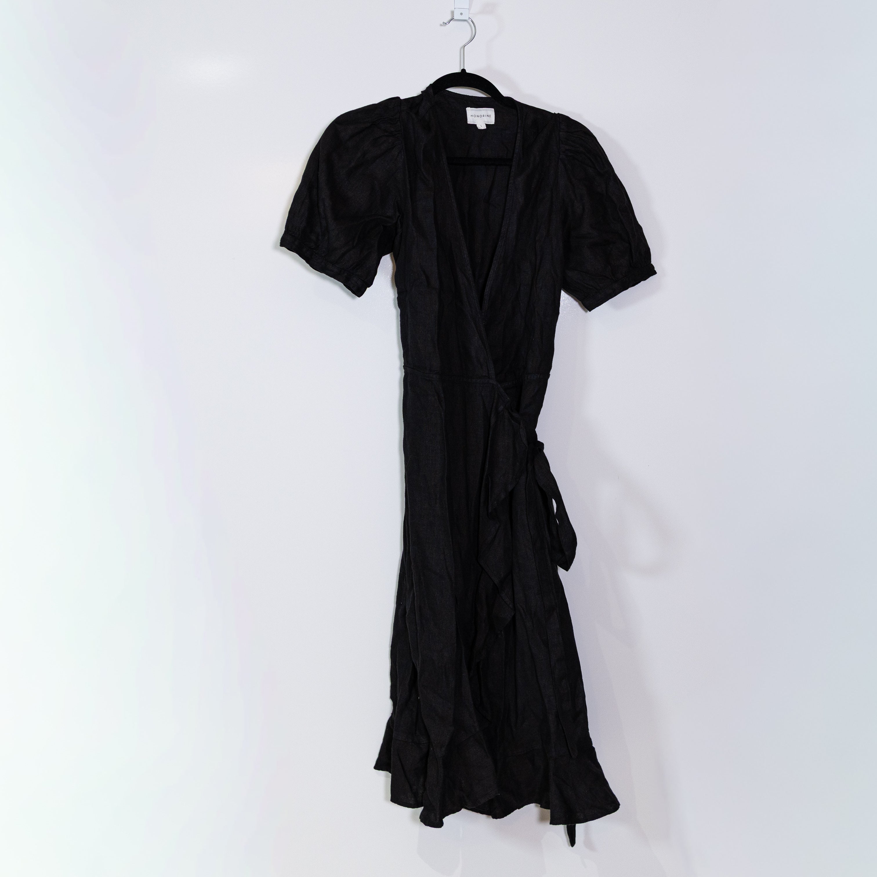 Honorine Linen Short Sleeve V Neck Wrap Midi Dress Solid Black Large
