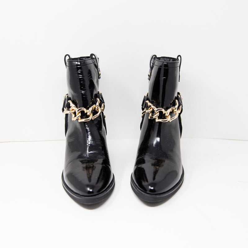 NEW Love Moschino Patent Leather Logo Heart Chain Link Ankle Heel Booties Shoes