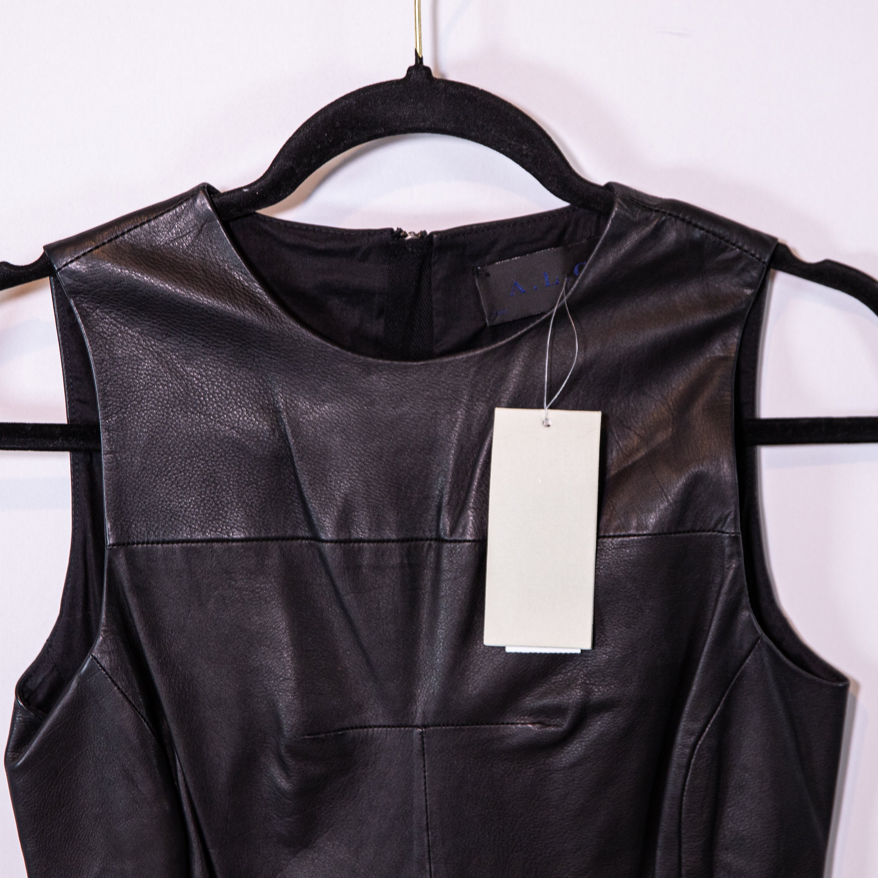 NEW A.L.C. Genuine Leather Panels Sleeveless Scoop Neck Mini Dress Black 0