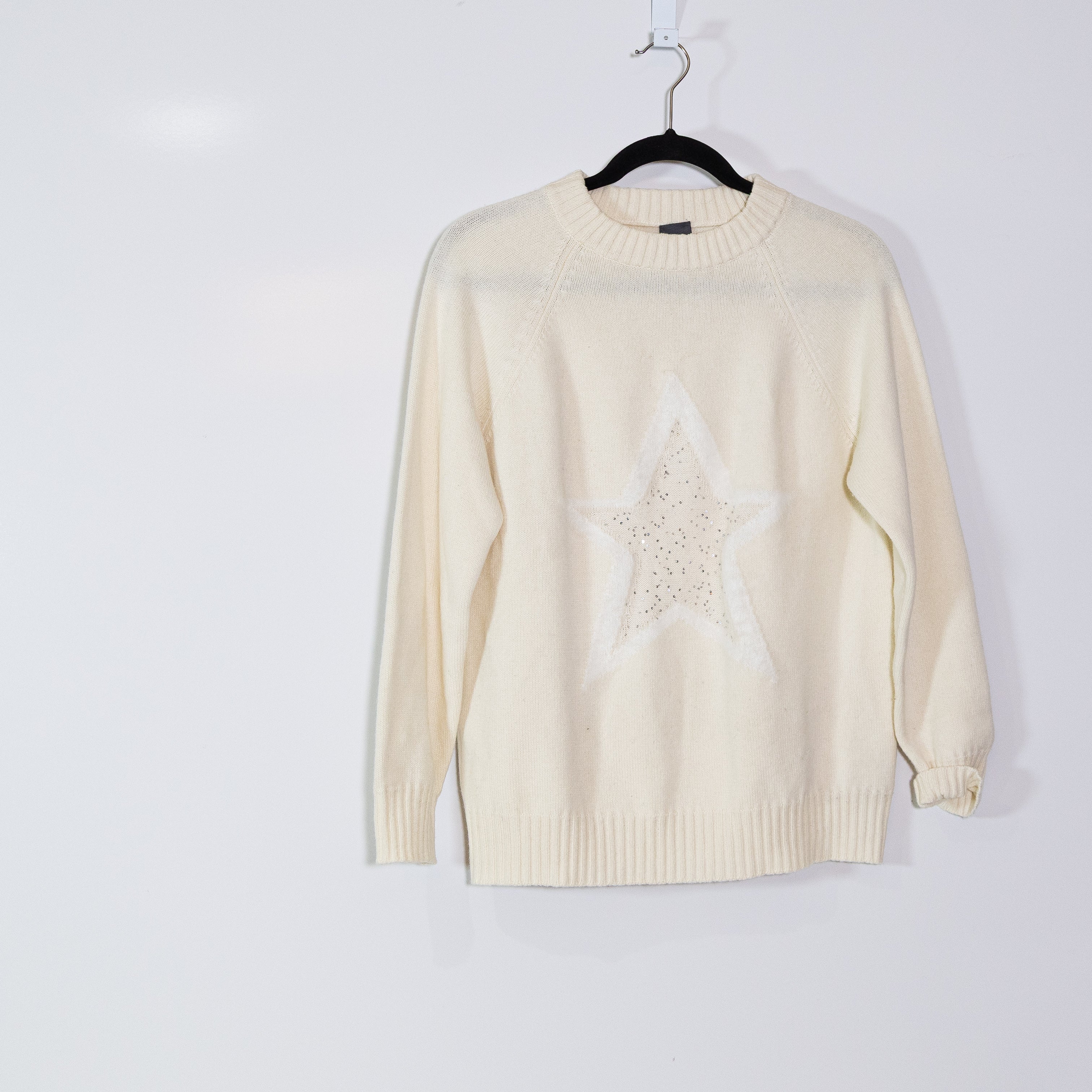 Lorena Antoniazzi Cashmere Wool Silk Knit Stretch Sequin Star Sweater Ivory M