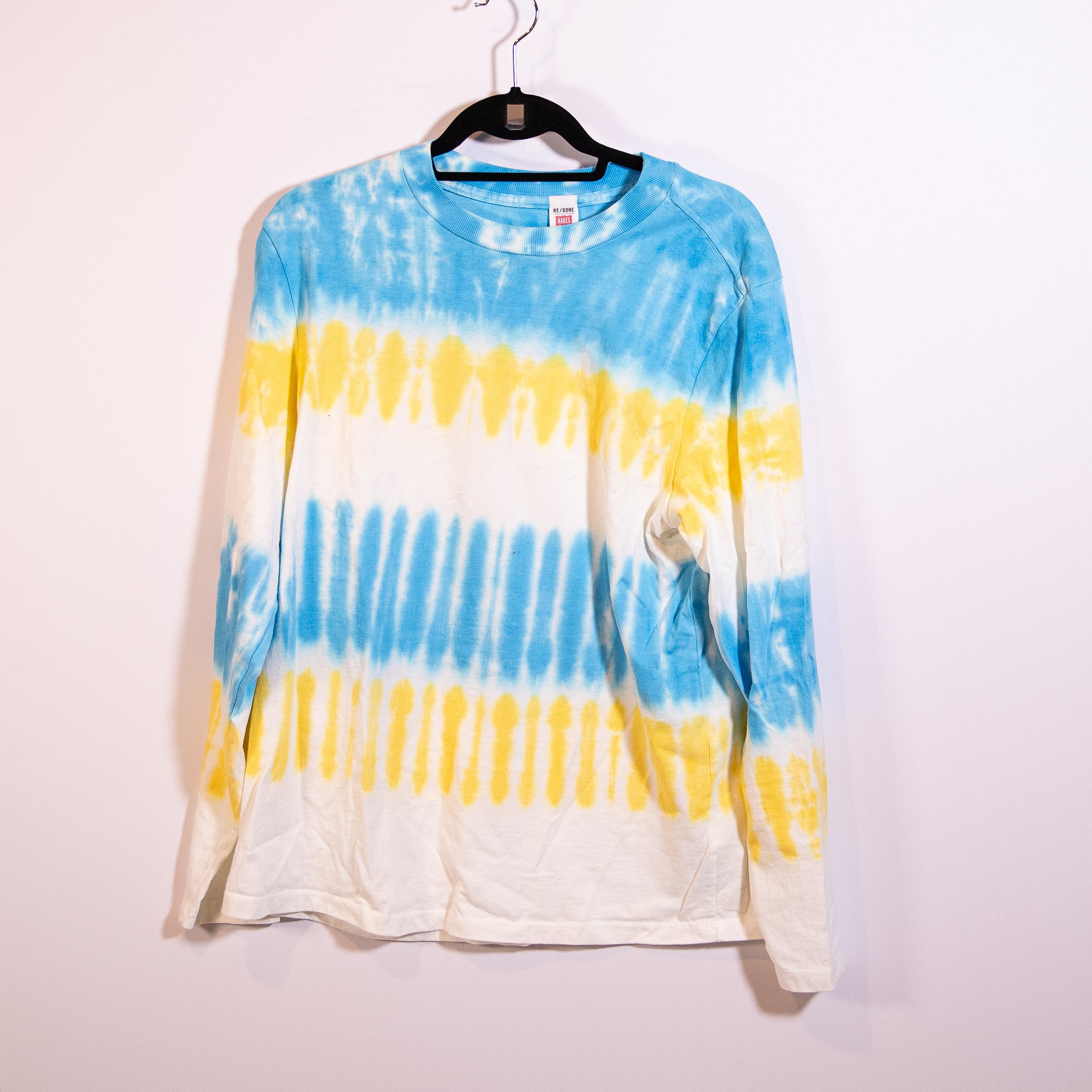 NEW Re/Done Hanes Sky Stripe Crew Neck Long Sleeve Cotton Tee Shirt Blue Yellow