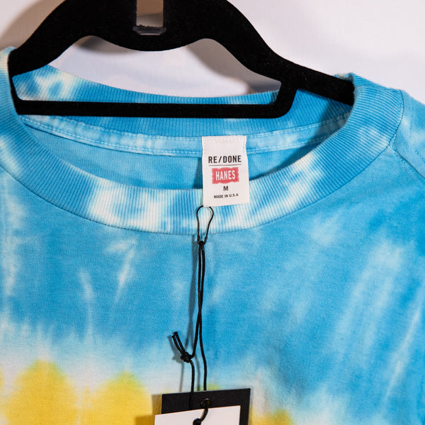 NEW Re/Done Hanes Sky Stripe Crew Neck Long Sleeve Cotton Tee Shirt Blue Yellow