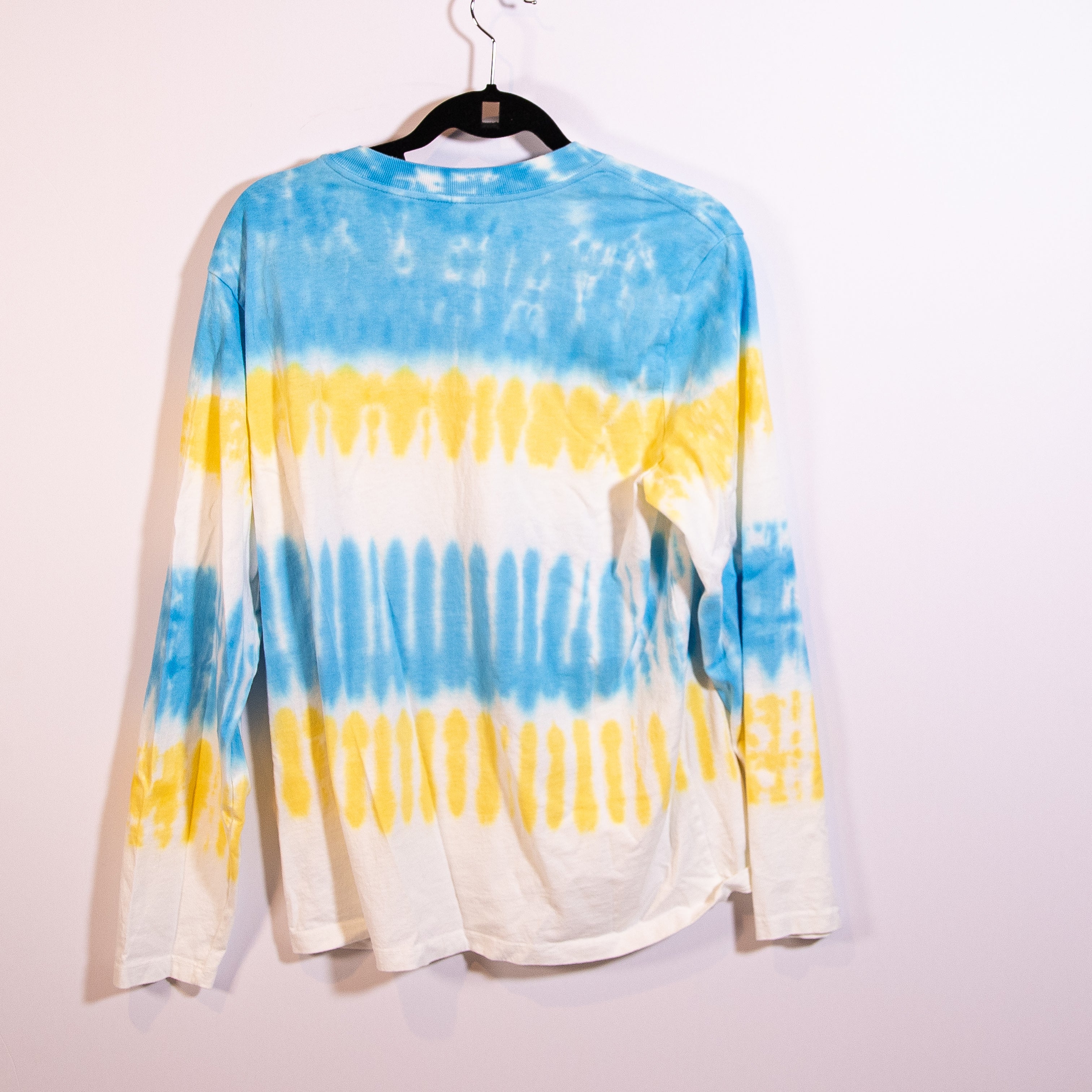 NEW Re/Done Hanes Sky Stripe Crew Neck Long Sleeve Cotton Tee Shirt Blue Yellow