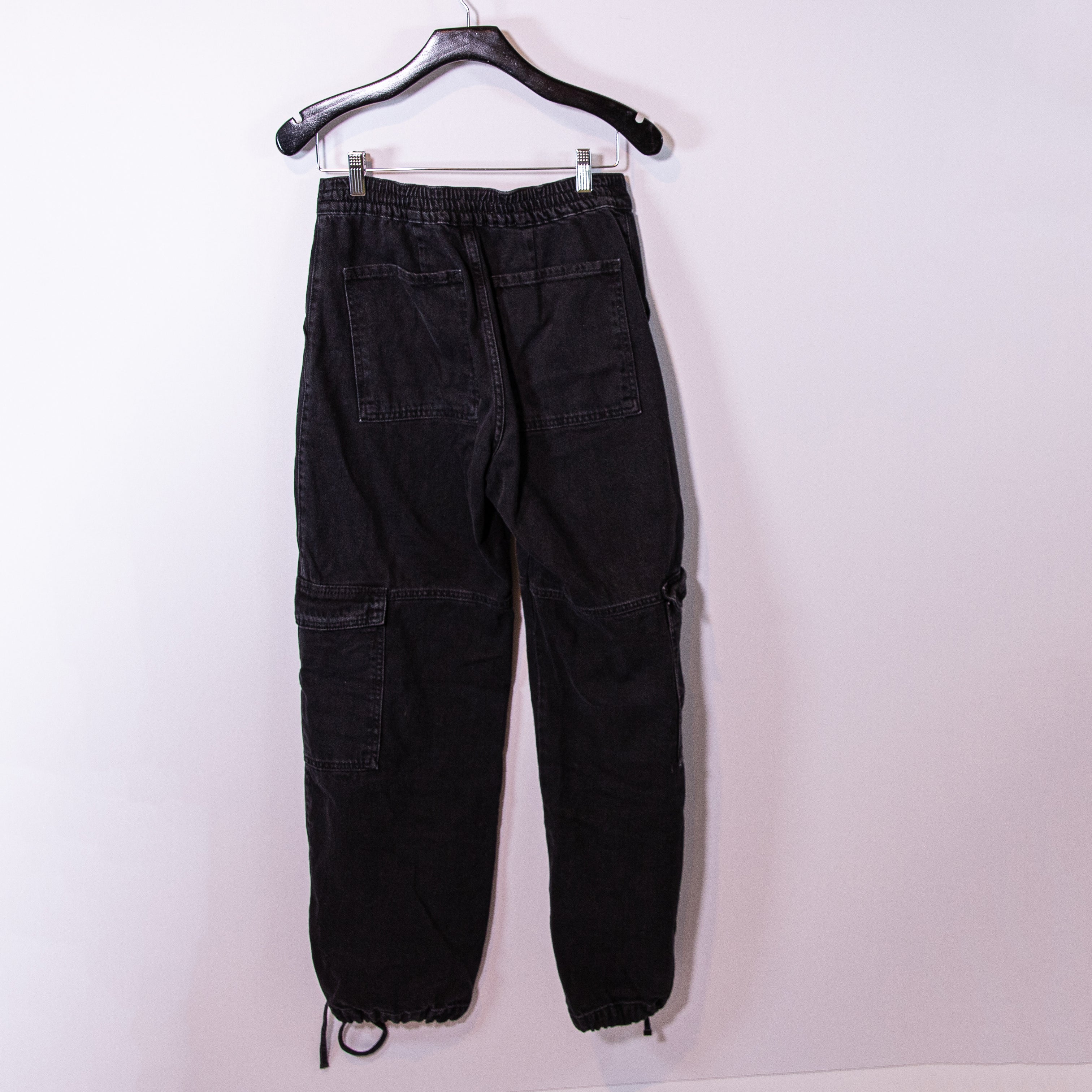 Zara Cotton Barrel Leg Ankle Cinch Cargo High Waisted Jeans Denim Pants Black S