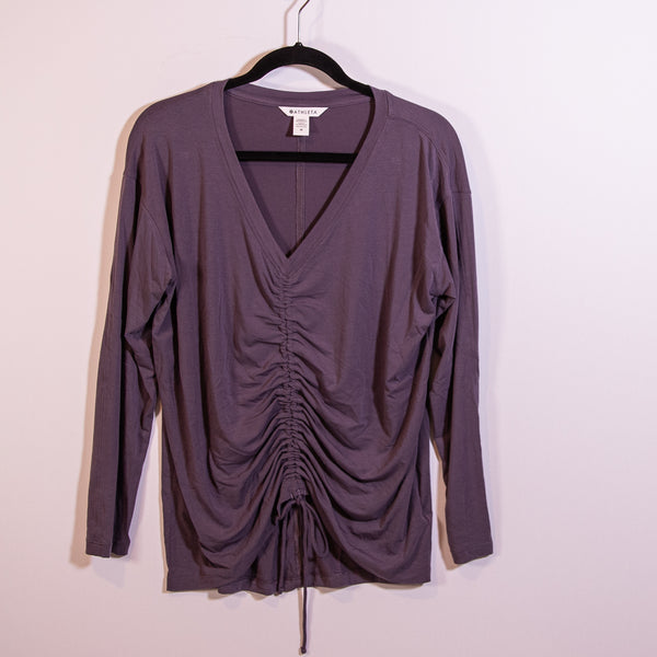 Athleta Women's Crossover Ruched Cinch V Neck Long Sleeve Tee Shirt Purple M