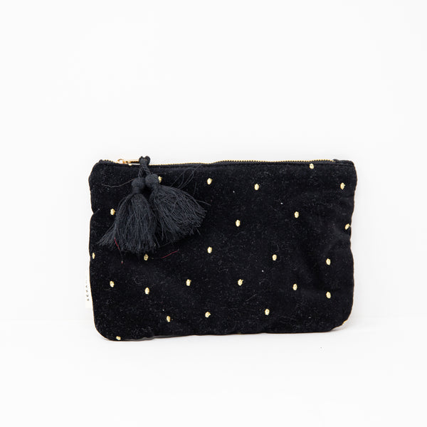 Sezane Black Velvet Gold Embroidered Top Zip Makeup Purse Pouch Tassel Pull Bag