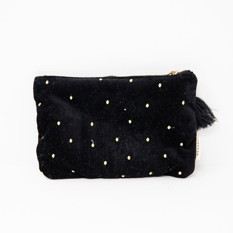 Sezane Black Velvet Gold Embroidered Top Zip Makeup Purse Pouch Tassel Pull Bag