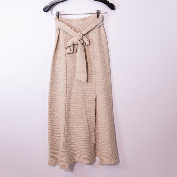 NEW Free People Claudia Cotton Blend Ribbed Knit Tie Front Waist Skirt Beige XS