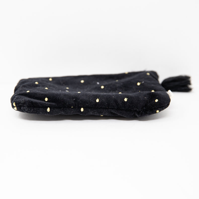 Sezane Black Velvet Gold Embroidered Top Zip Makeup Purse Pouch Tassel Pull Bag