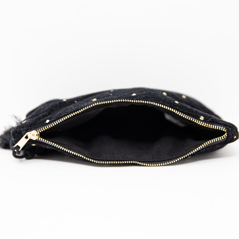 Sezane Black Velvet Gold Embroidered Top Zip Makeup Purse Pouch Tassel Pull Bag