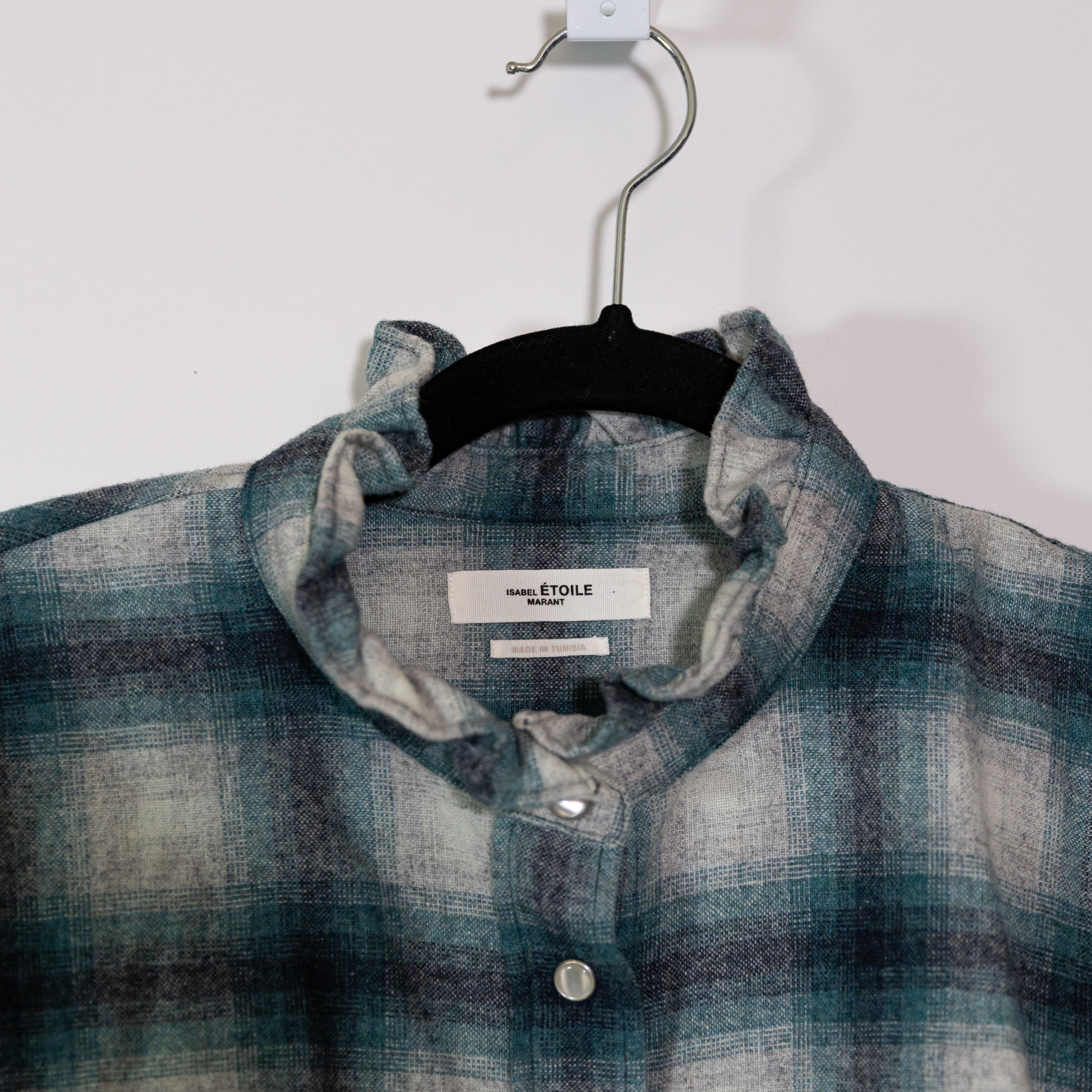 Isabel Marant Rilaria Wool Blend Collared Button Front Blue White Plaid Shirt 8