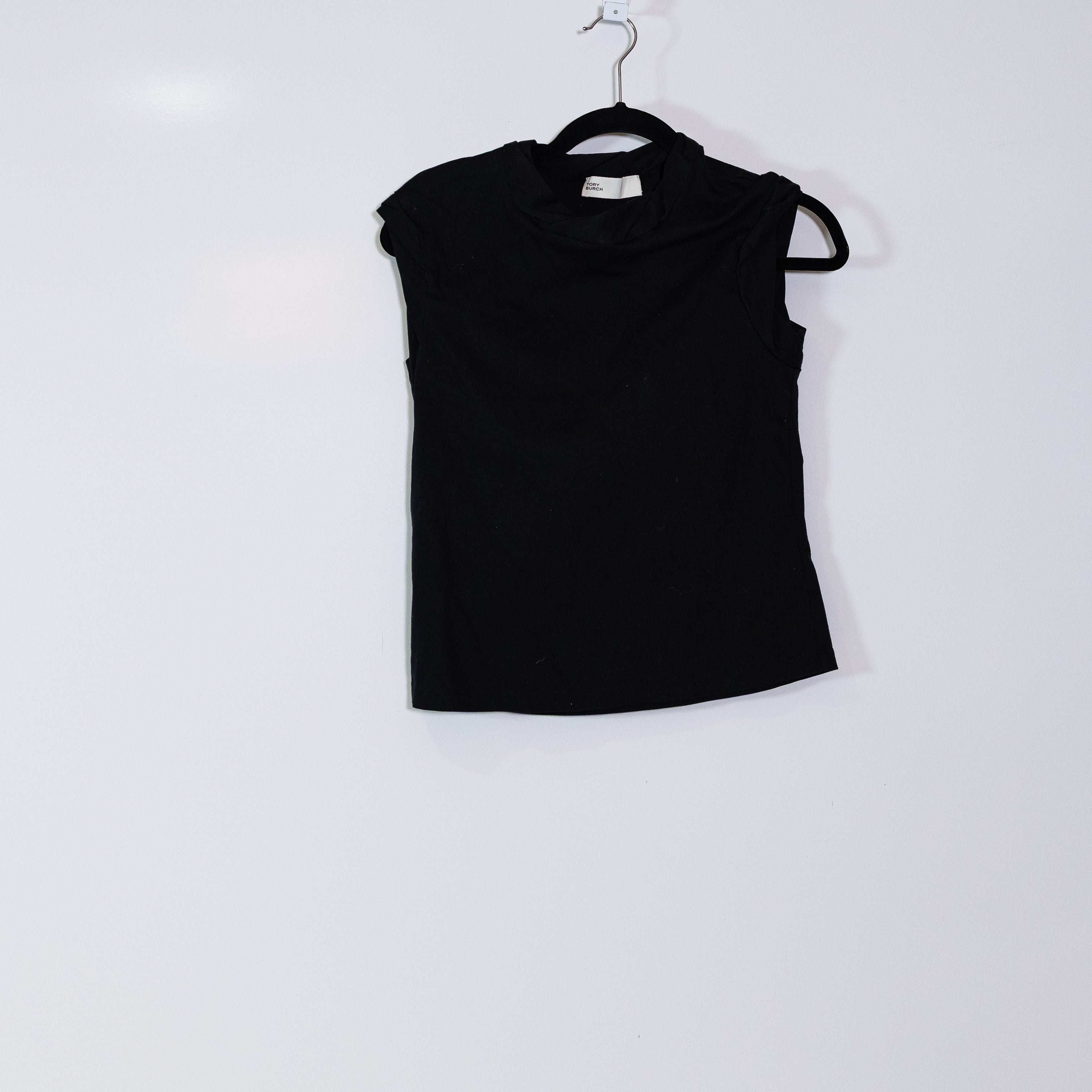 Tory Burch Stretch Knit Pleated Collar Sleeve Pullover Shirt Top Black Medium