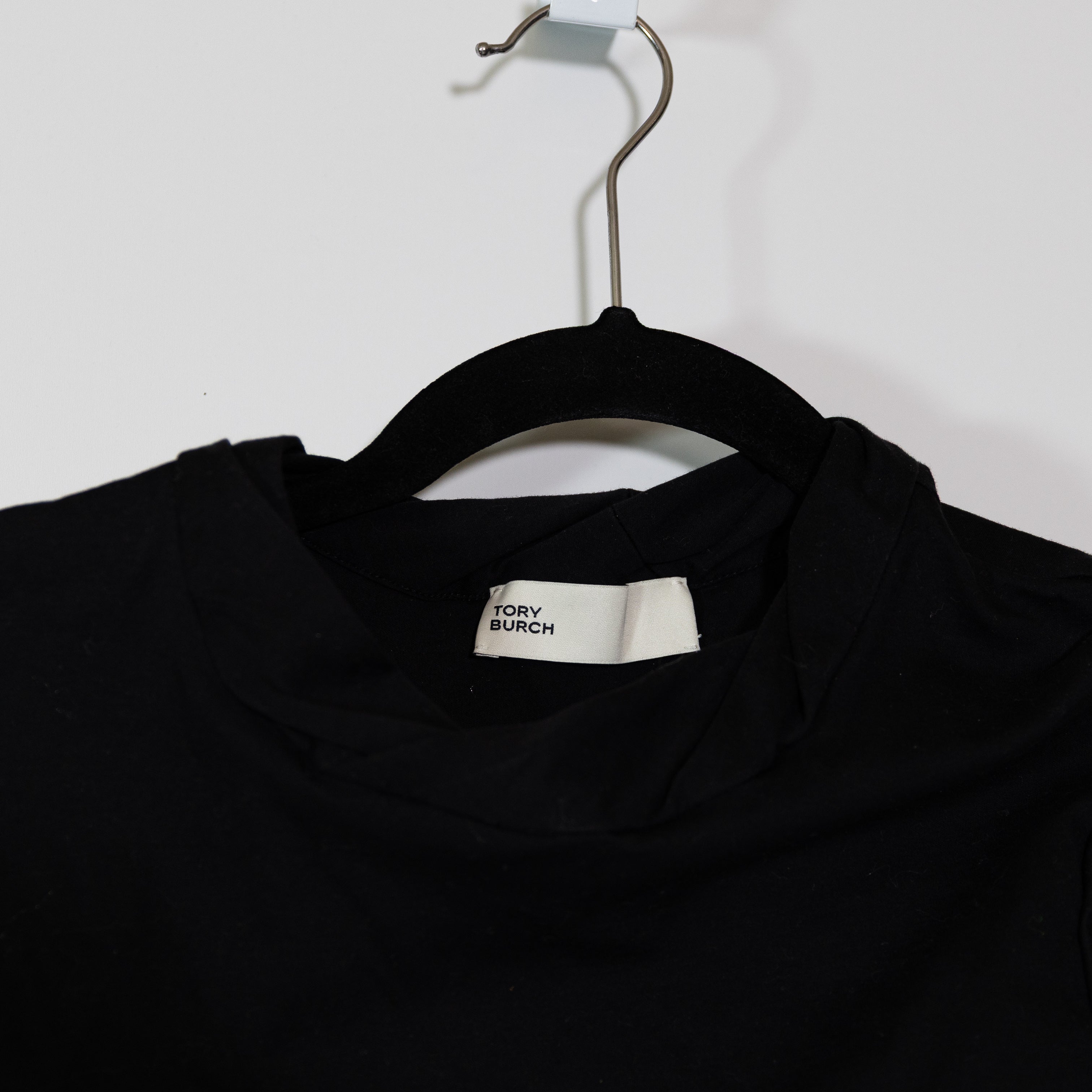Tory Burch Stretch Knit Pleated Collar Sleeve Pullover Shirt Top Black Medium
