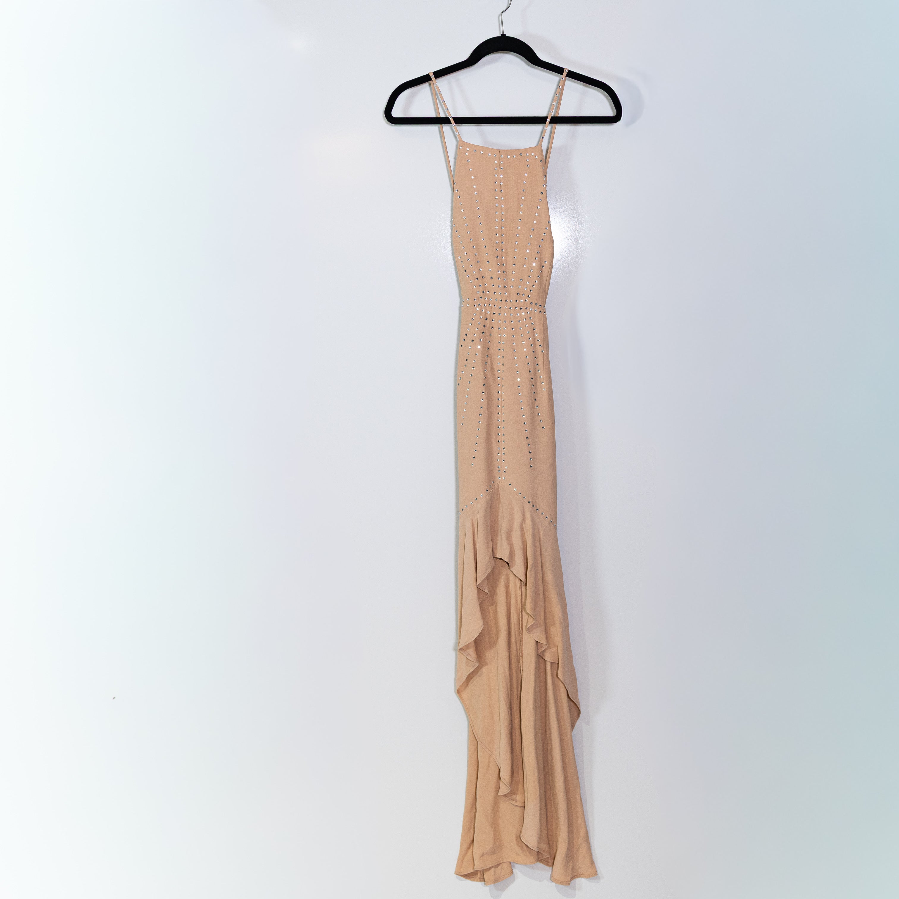 X By NBD Annie Crystal Jewel Diamond Embellished Chiffon Ruffle Dress Nude Small