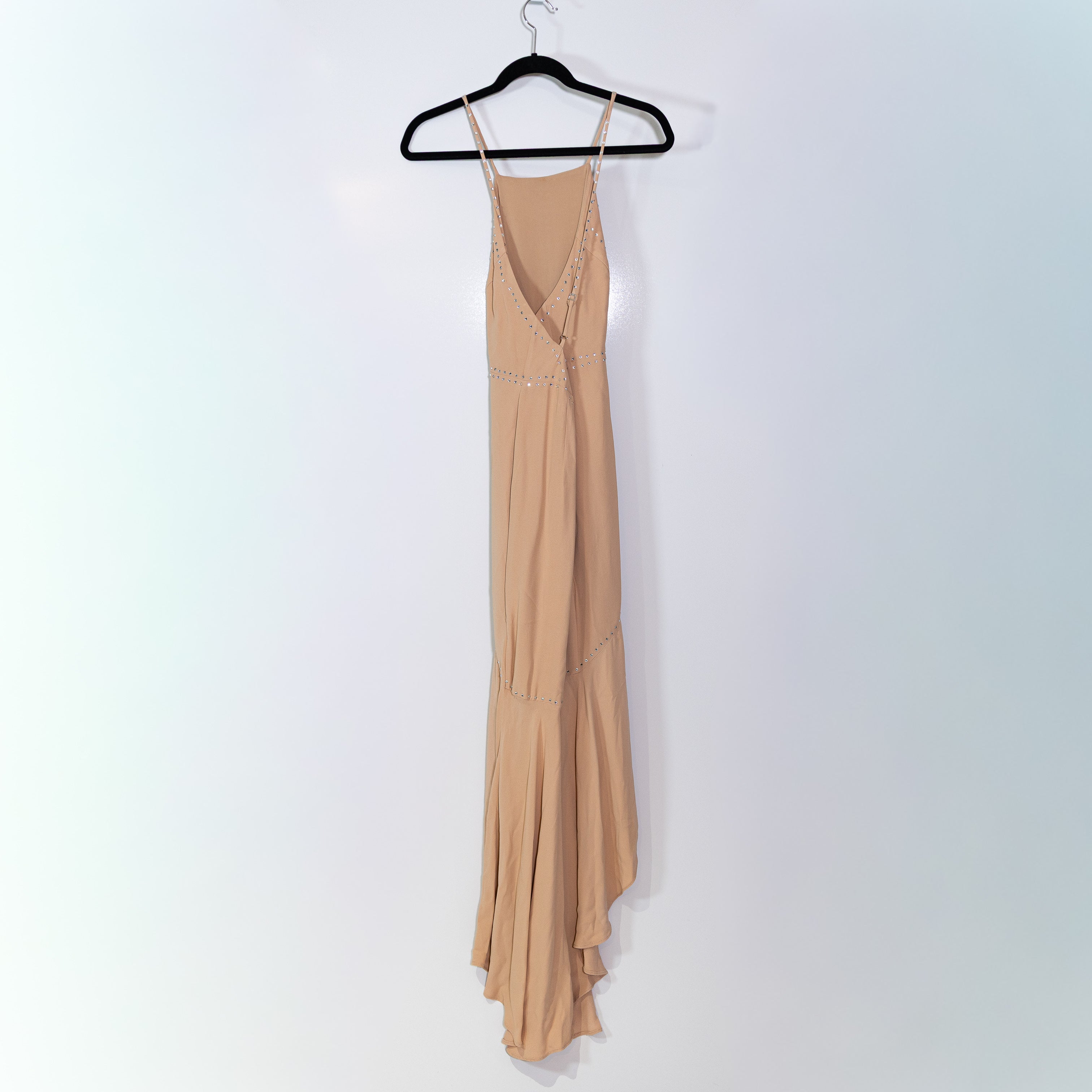 X By NBD Annie Crystal Jewel Diamond Embellished Chiffon Ruffle Dress Nude Small
