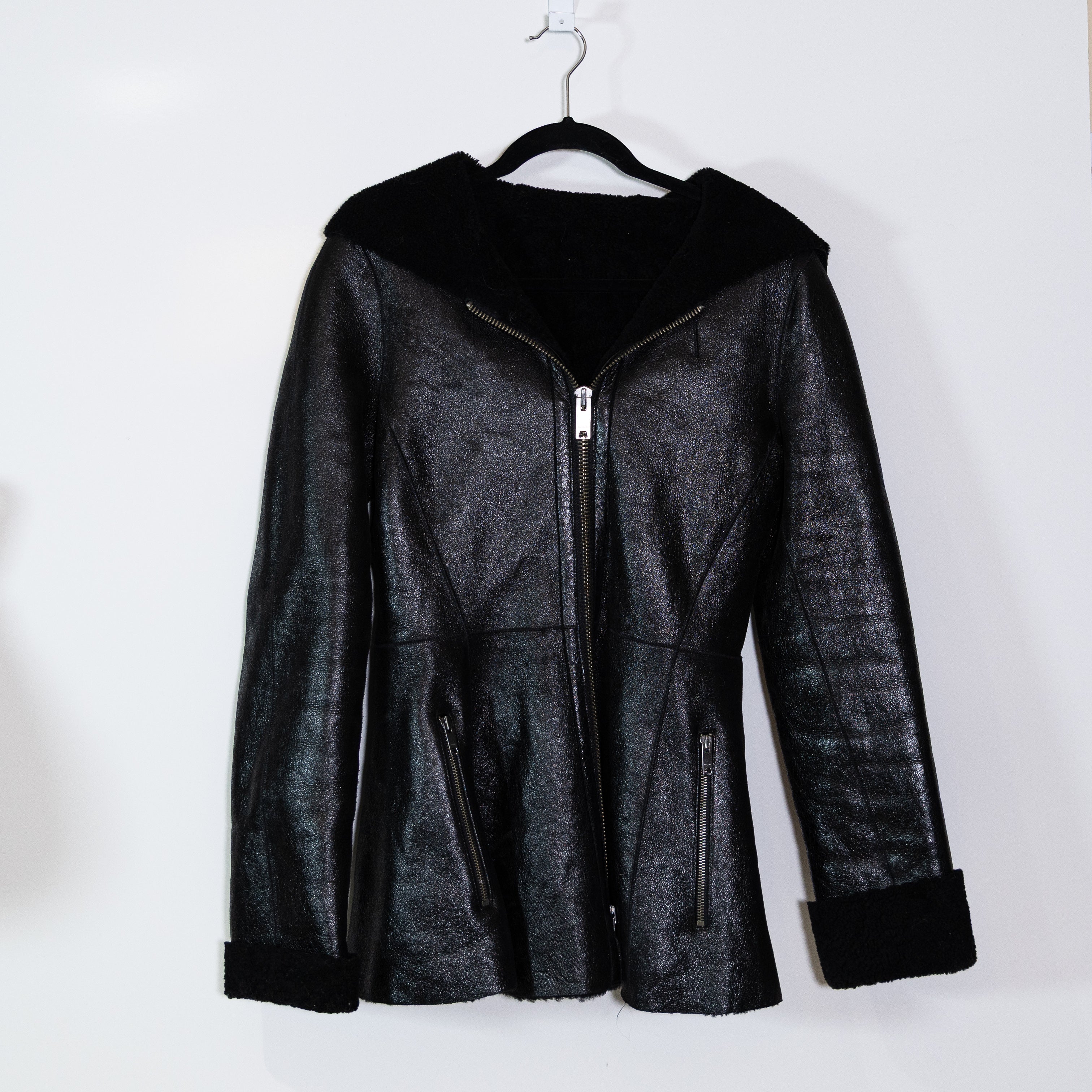 DKNY Women's Genuine Lambskin Leather Shearling Full Zip Hooded Jacket Black 8