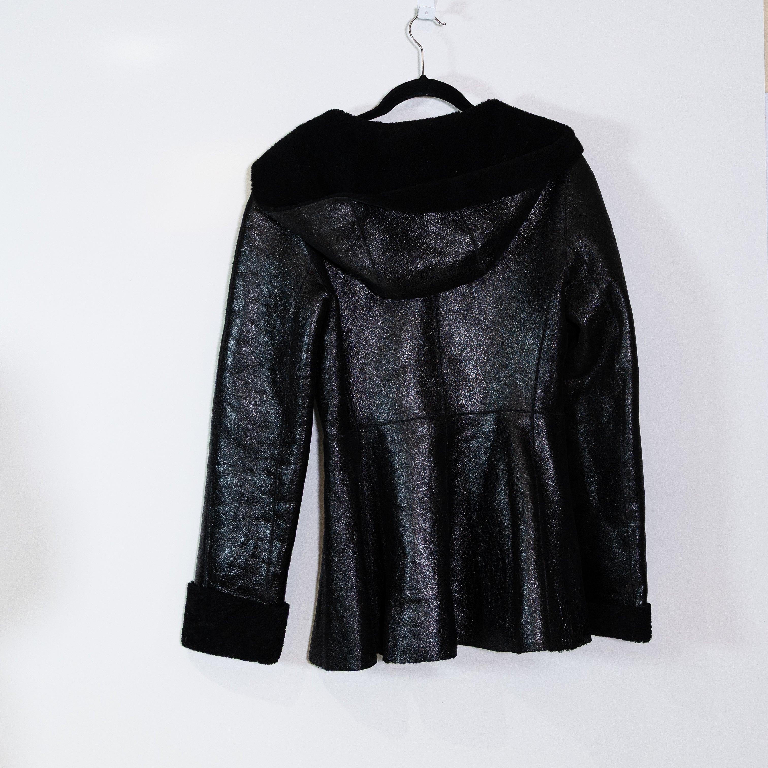 DKNY Women's Genuine Lambskin Leather Shearling Full Zip Hooded Jacket Black 8