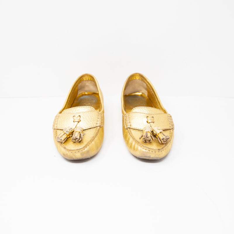 Tory Burch Lawrence Gold Metallic Leather Slip On Tassel Moccasin Flat Shoes 6