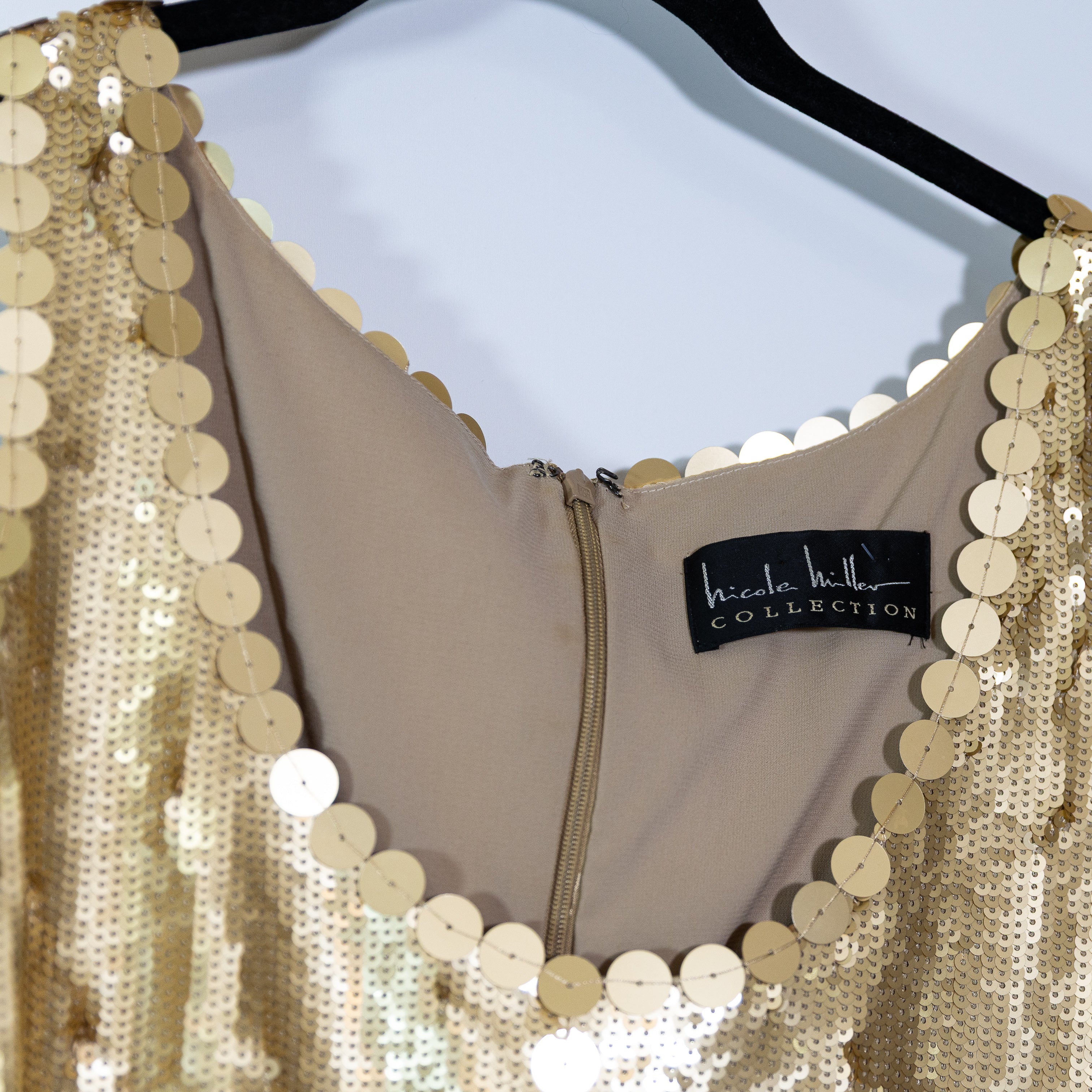 Nicole Miller Collection Gold Sequin Embellished Cocktail Party Mini Dress M