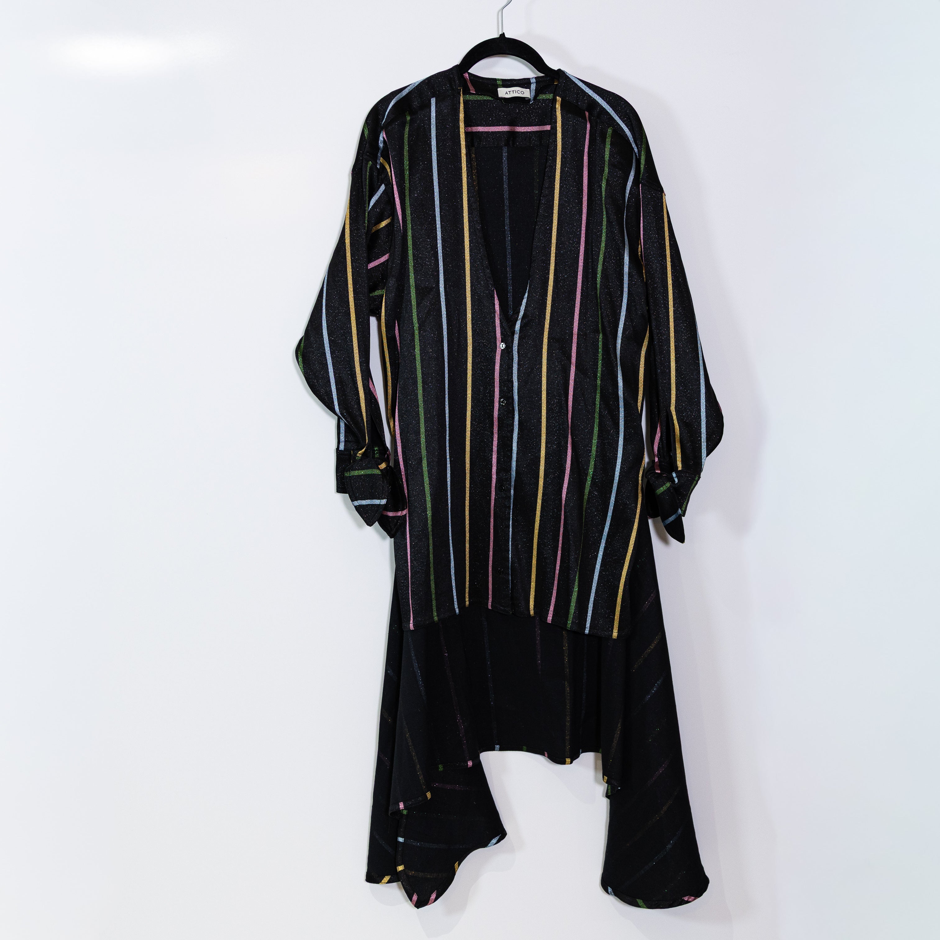 Attico Cotton Linen Metallic Sparkle Stripe Button Front Asymmetrical Dress M