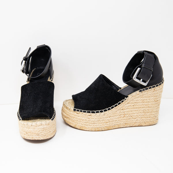 Marc Fisher Adalyn Genuine Suede Leather Espadrille Wedges Peep Toe Heels Black