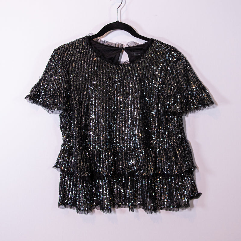 NEW Endless Rose Sequins Sparkle Embellished Baby Doll Top With Mesh Trim Black