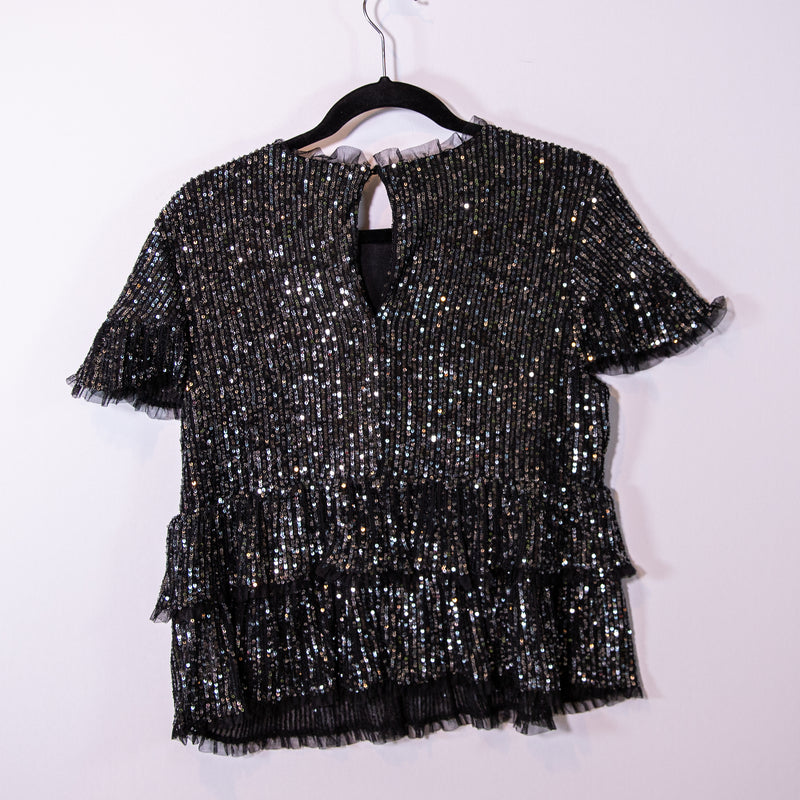 NEW Endless Rose Sequins Sparkle Embellished Baby Doll Top With Mesh Trim Black