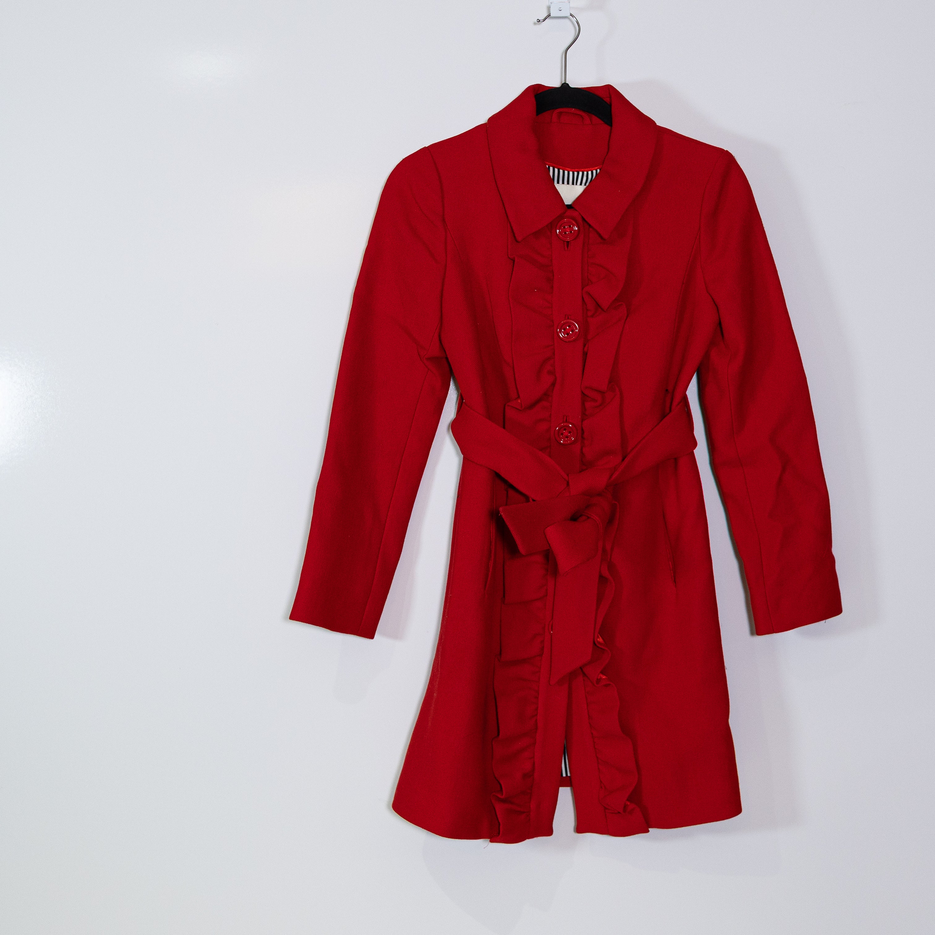 Kate Spade Red Wool Ruffle Button Front Trench Coat Jacket Solid Red 0