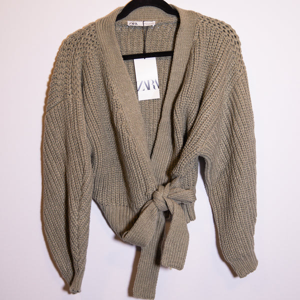 NEW Zara Chunky Knit V Neck Wrap Tie Front Shrug Cardigan Sweater Gray Small