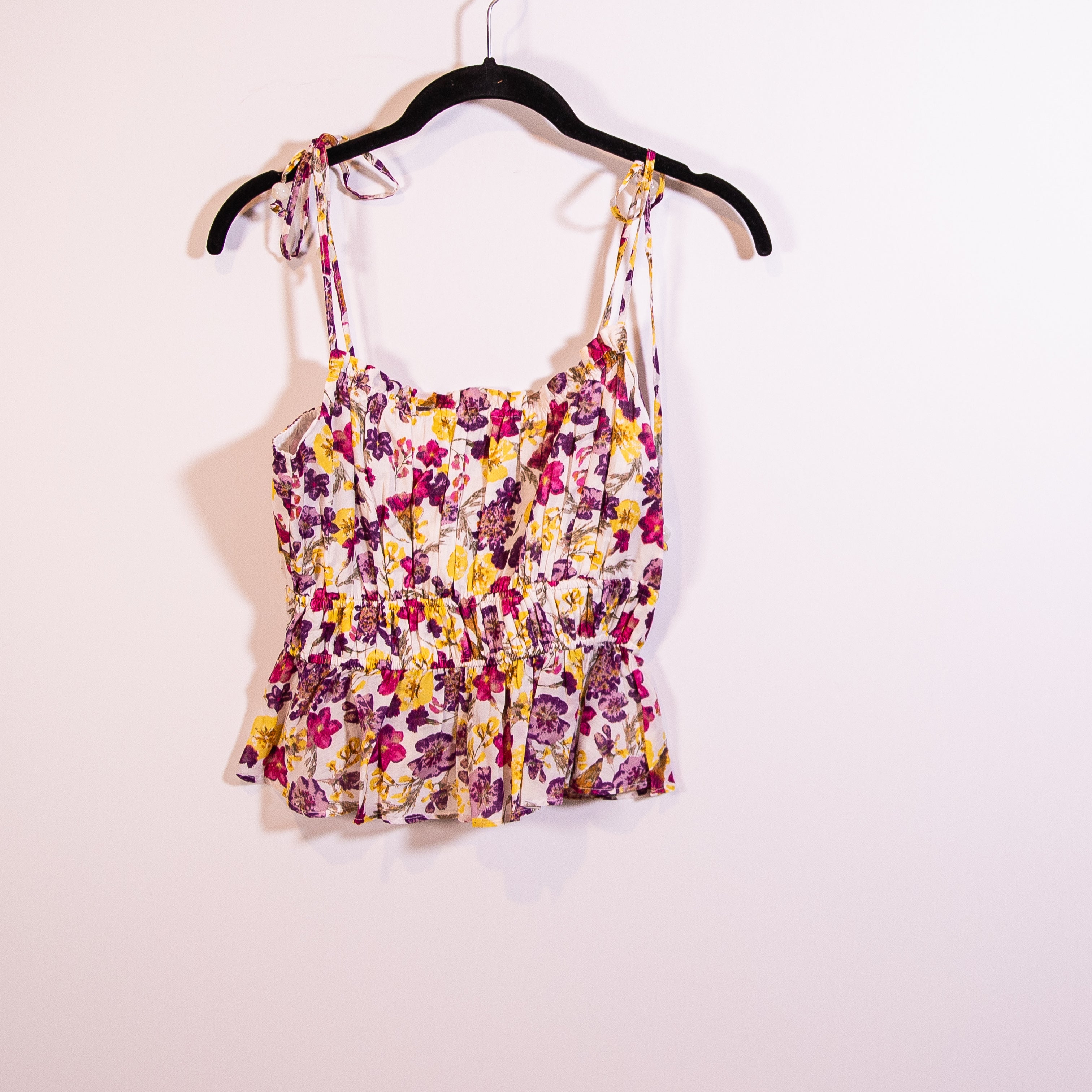 NEW J. Crew Ruffle Tie Shoulder Tank Top Summer Garden Floral Ivory Bright Pink