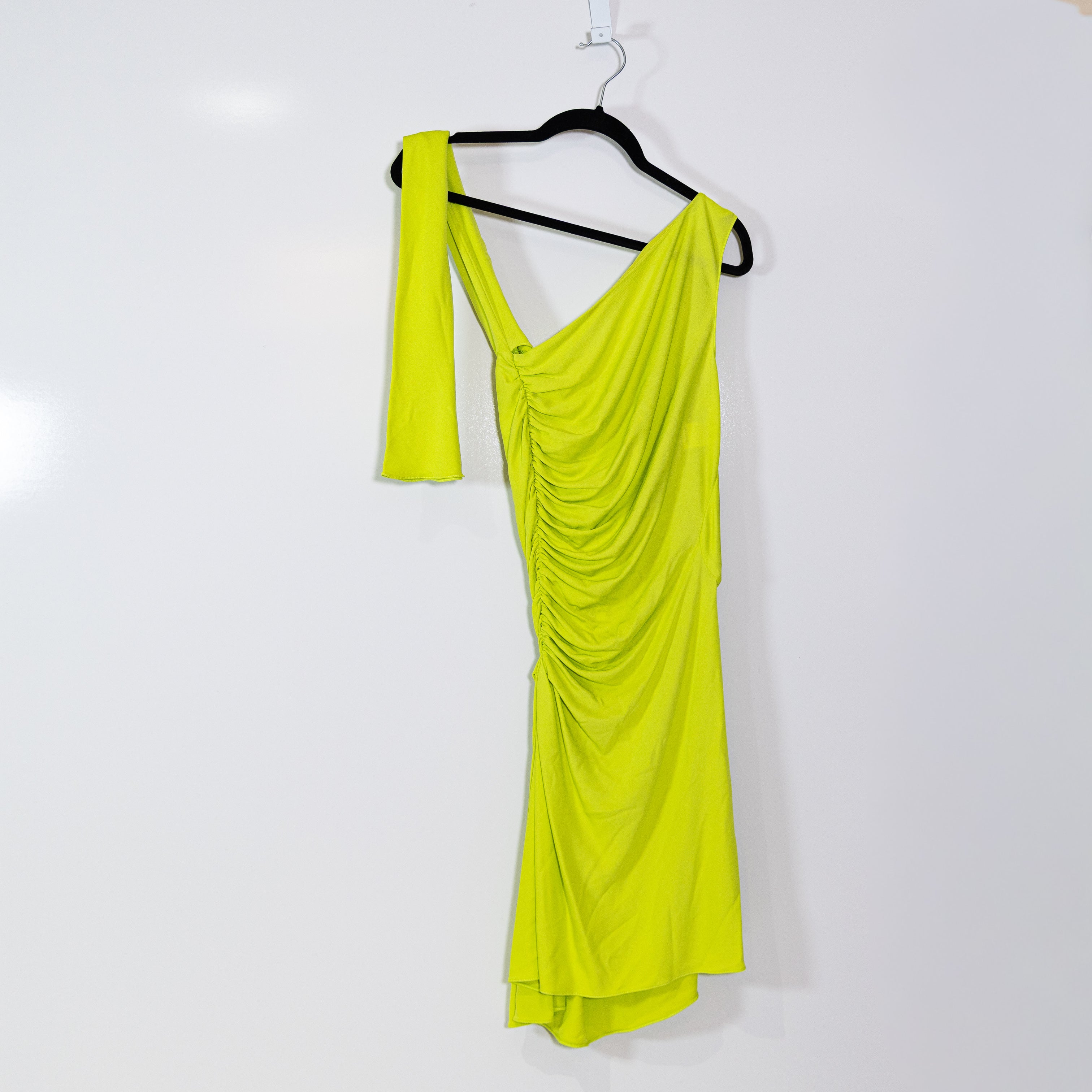 NEW Mugler Stretch Knit Neck Tie One Sleeve Ruched Bodycon Mini Dress Lime Green
