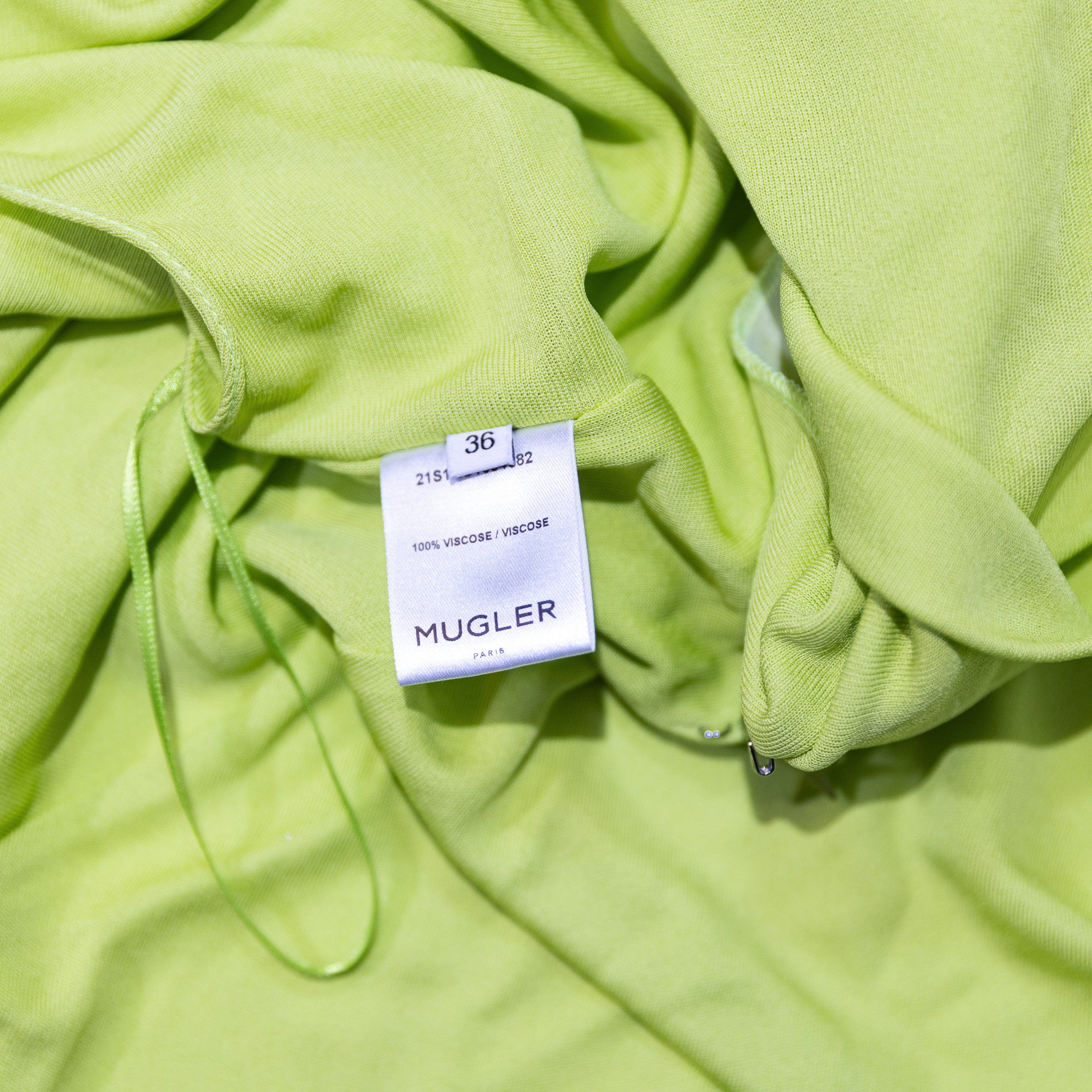 NEW Mugler Stretch Knit Neck Tie One Sleeve Ruched Bodycon Mini Dress Lime Green