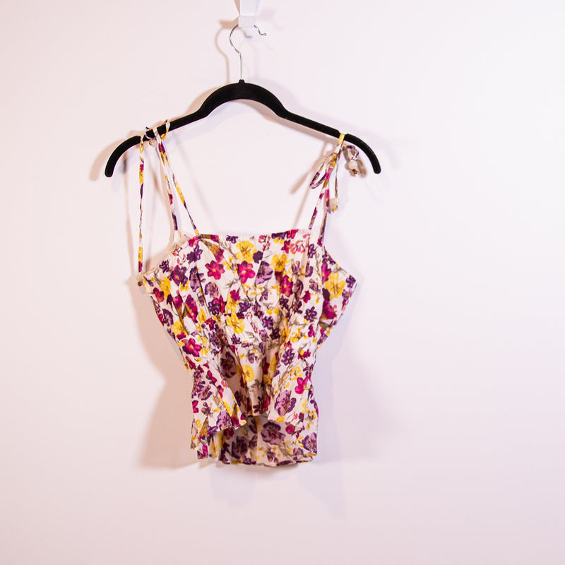 NEW J. Crew Ruffle Tie Shoulder Tank Top Summer Garden Floral Ivory Bright Pink