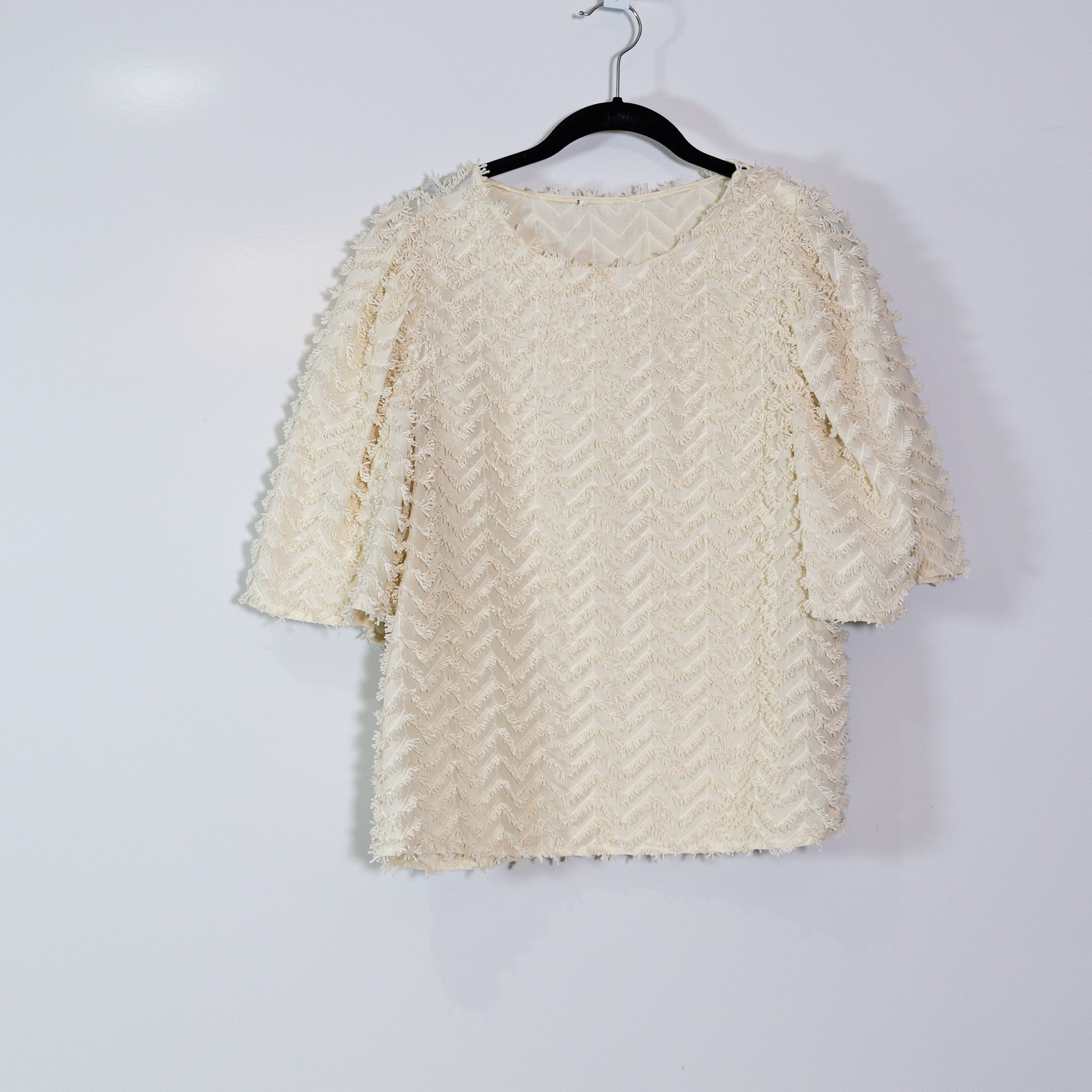 Munthe Glazing 3D Textured Fuzzy Woven Half Sleeve Blouse Shirt Top Ivory M