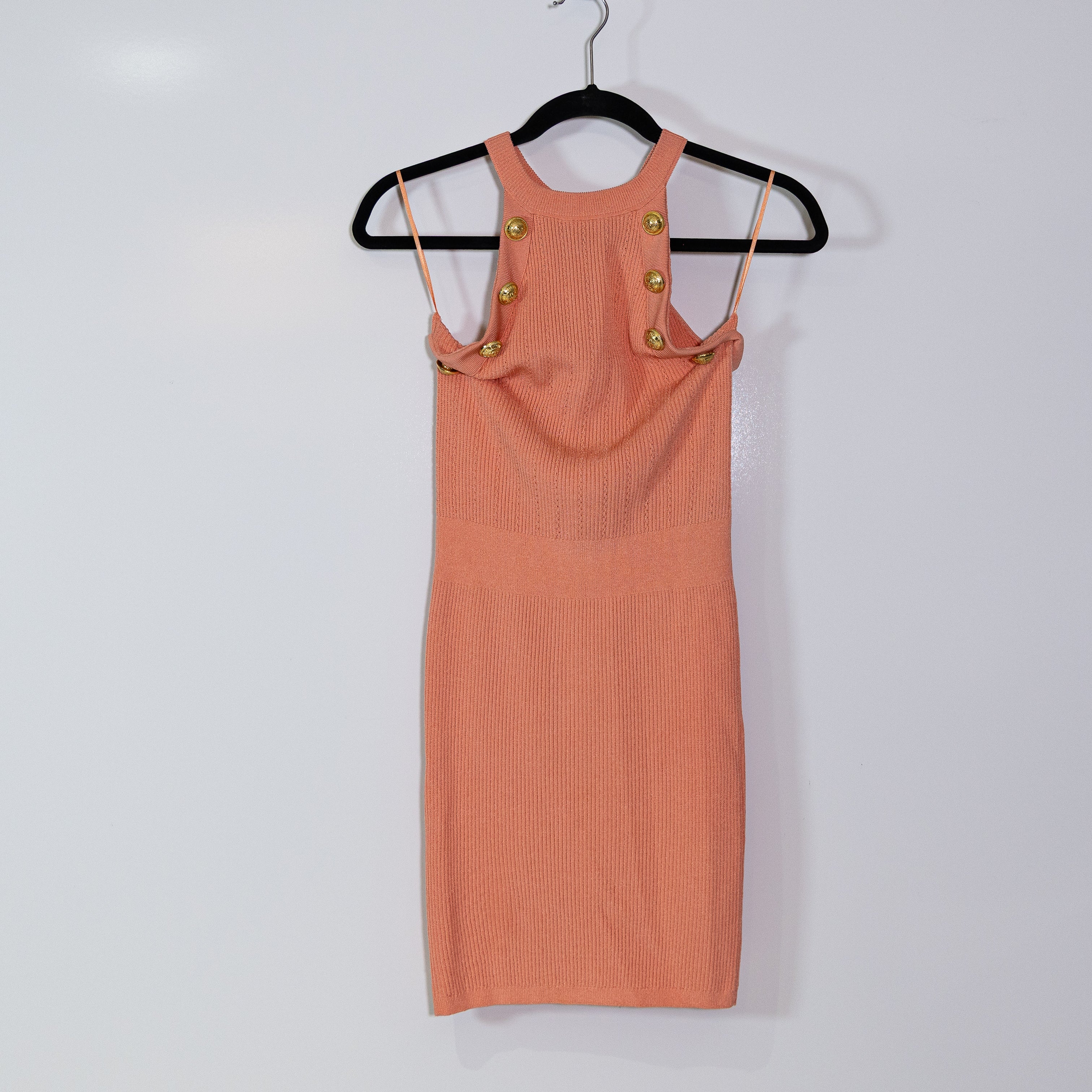 Balmain Ribbed Sweater Knit Stretch High Neck Button Detail Pullover Mini Dress