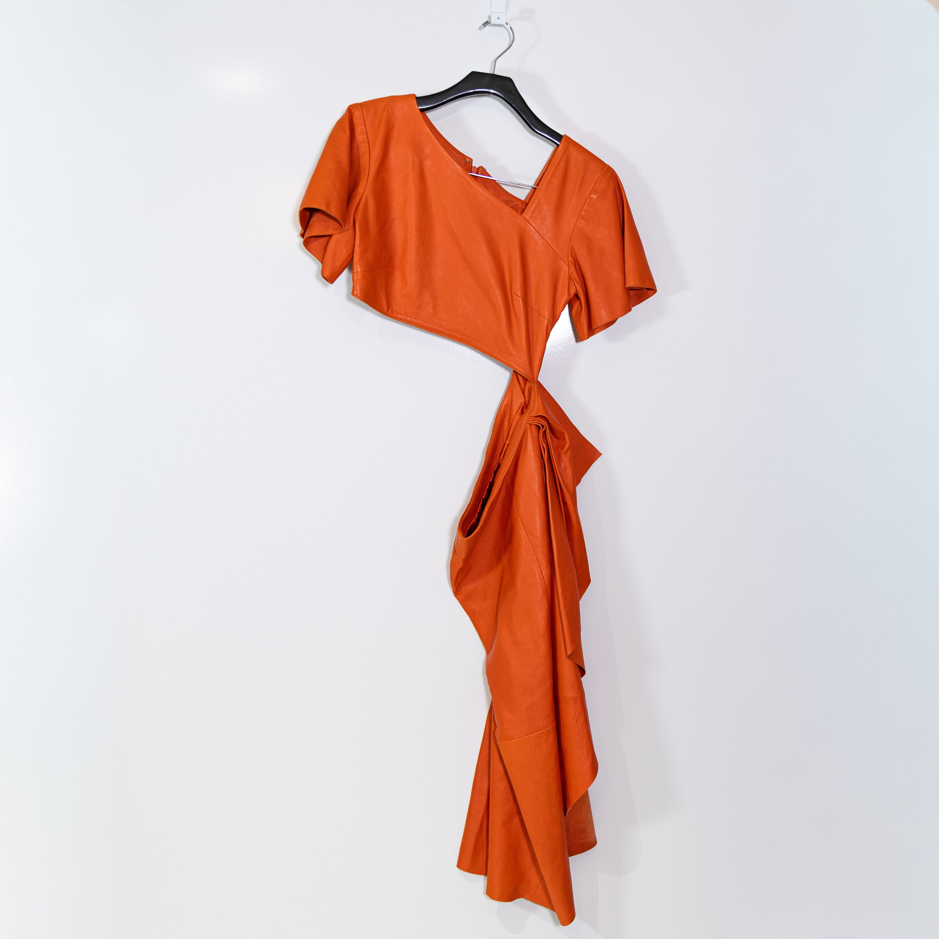 NEW Nour Hammour Genuine Leather Asymmetrical Cut Out Midi Dress Orange Small