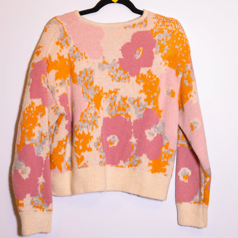 Zara Knit Stretch Pink Orange Abstract Floral Flower Henley Pullover Sweater M