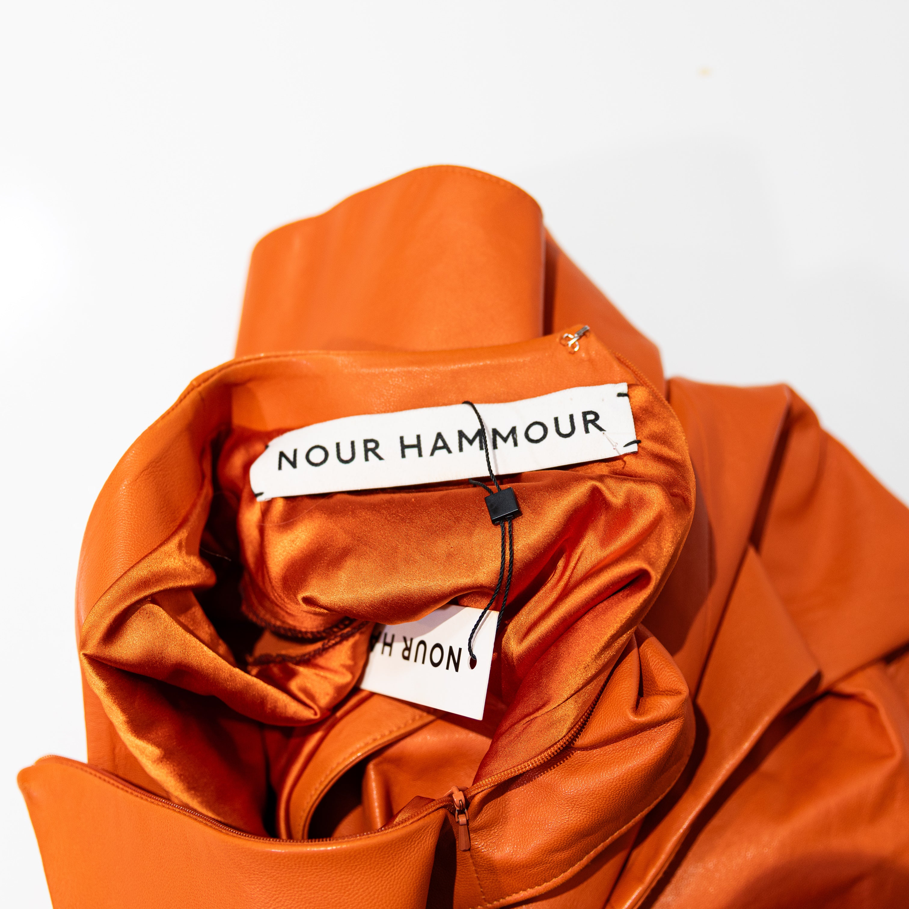 NEW Nour Hammour Genuine Leather Asymmetrical Cut Out Midi Dress Orange Small