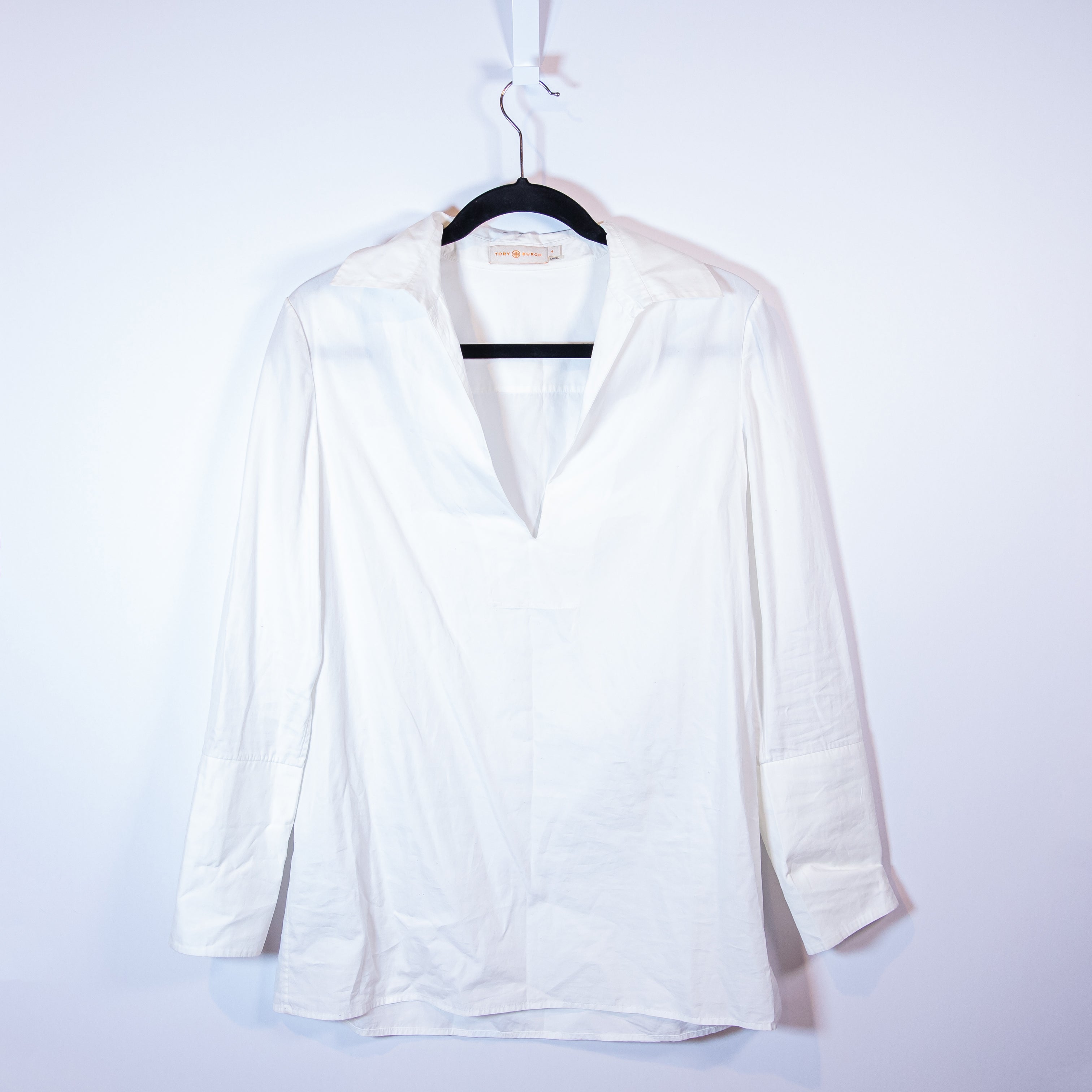 Tory Burch Cotton Poplin Long Sleeve V Neck Spread Collar Pullover Blouse Shirt