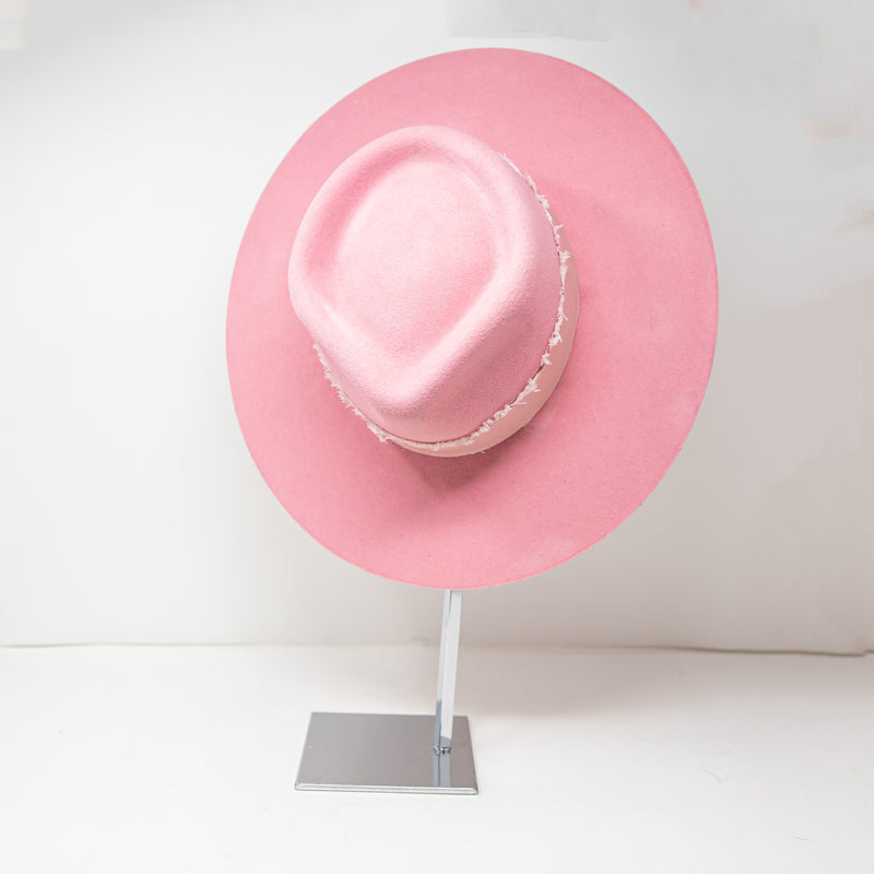 P'OOK By Arlop Wool Felt wide Brim Ribbon Trim Accessory Hat Pink 7 1/4