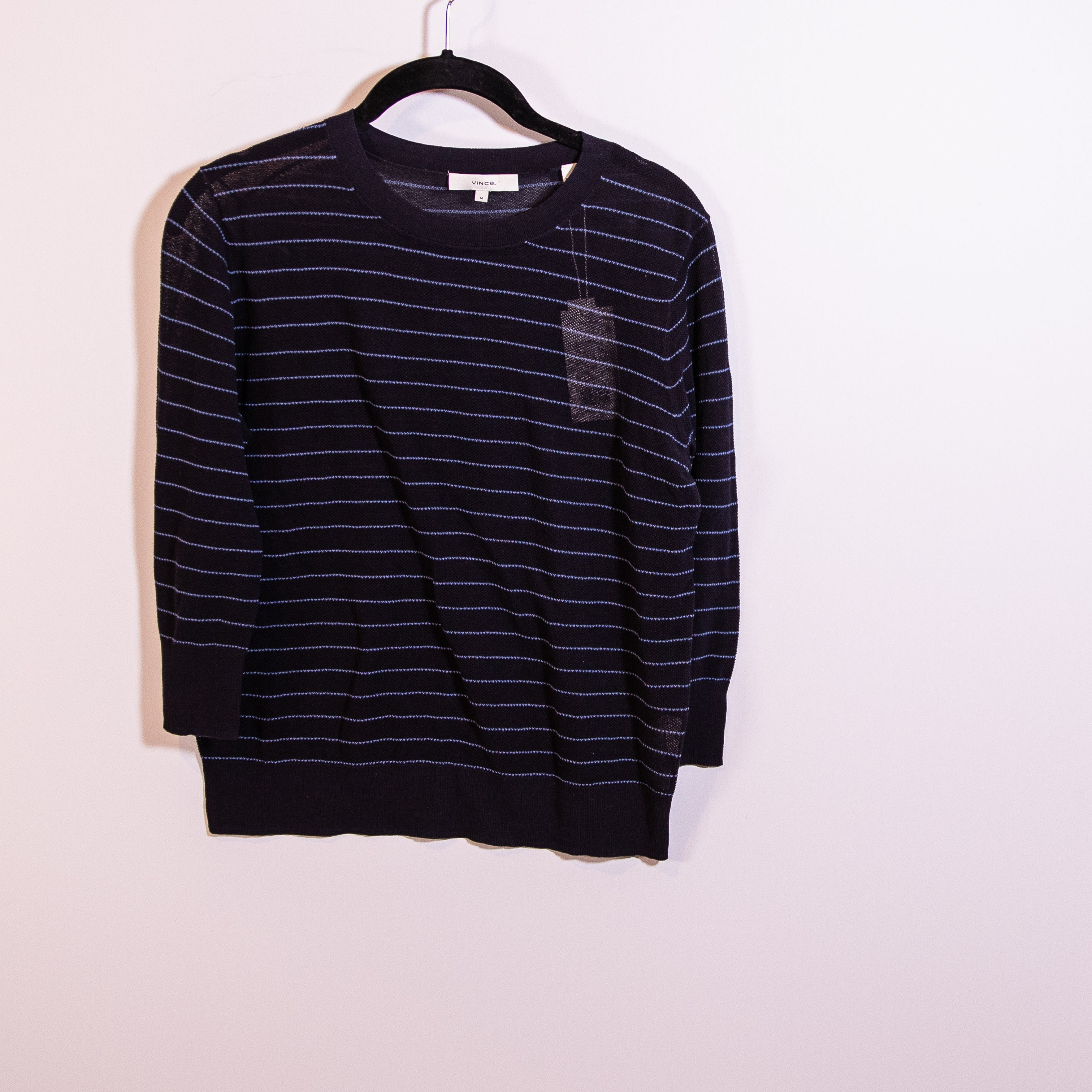 NEW Vince Crew Neck Cotton Knit Quarter Sleeve Pullover Stripe Sweater Blue M