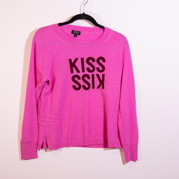 J. Crew Layla 100% Cashmere Knit Stretch Kiss Kiss Graphic Print Sweater Pink M