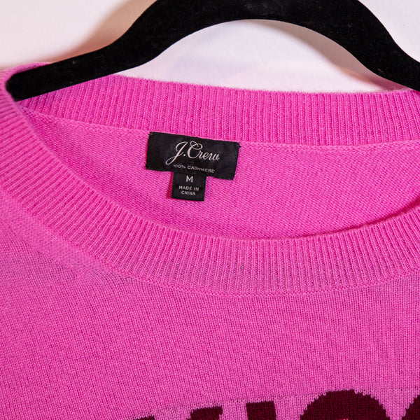 J. Crew Layla 100% Cashmere Knit Stretch Kiss Kiss Graphic Print Sweater Pink M