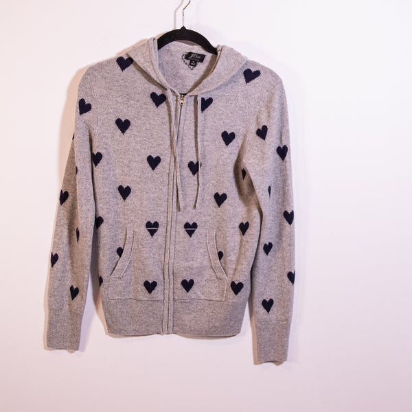 J. Crew Everyday Cashmere Full Zip Knit Stretch Heart Print Hoodie Sweater M