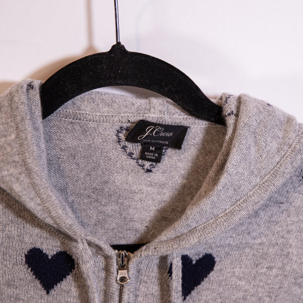 J. Crew Everyday Cashmere Full Zip Knit Stretch Heart Print Hoodie Sweater M