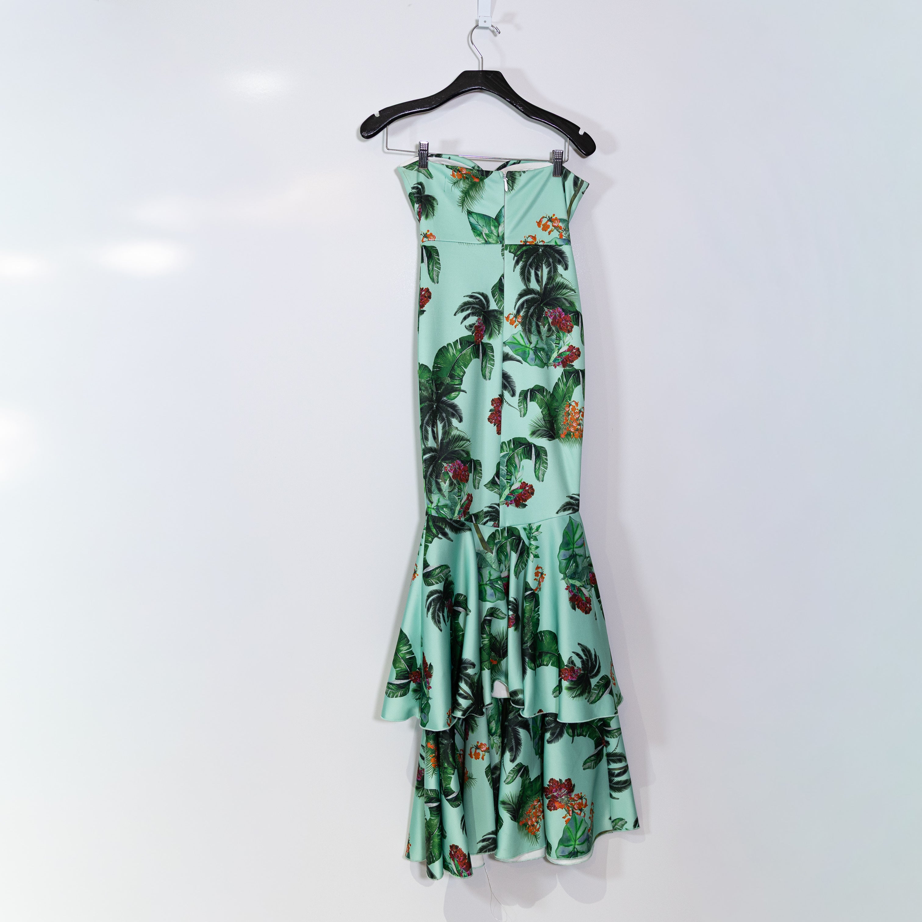 Meghan Los Angeles Strapless Ruffle Tropical Print Pattern Ponte Midi Dress S