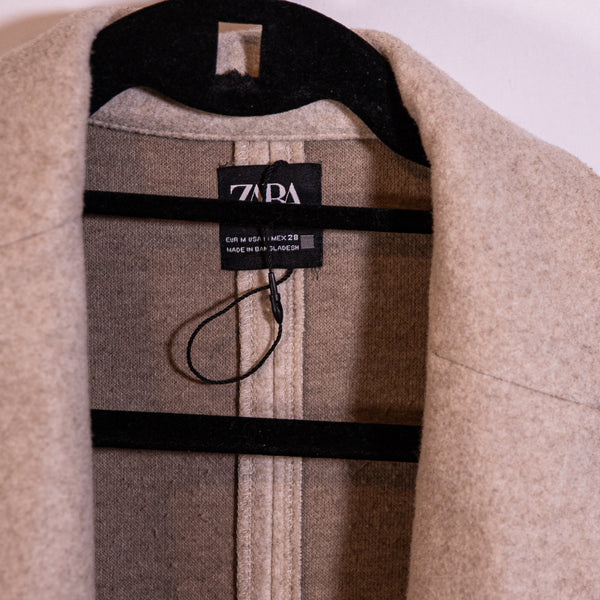 Zara Felt Open Front Collared Long Pea Coat Jacket Marled Gray Medium