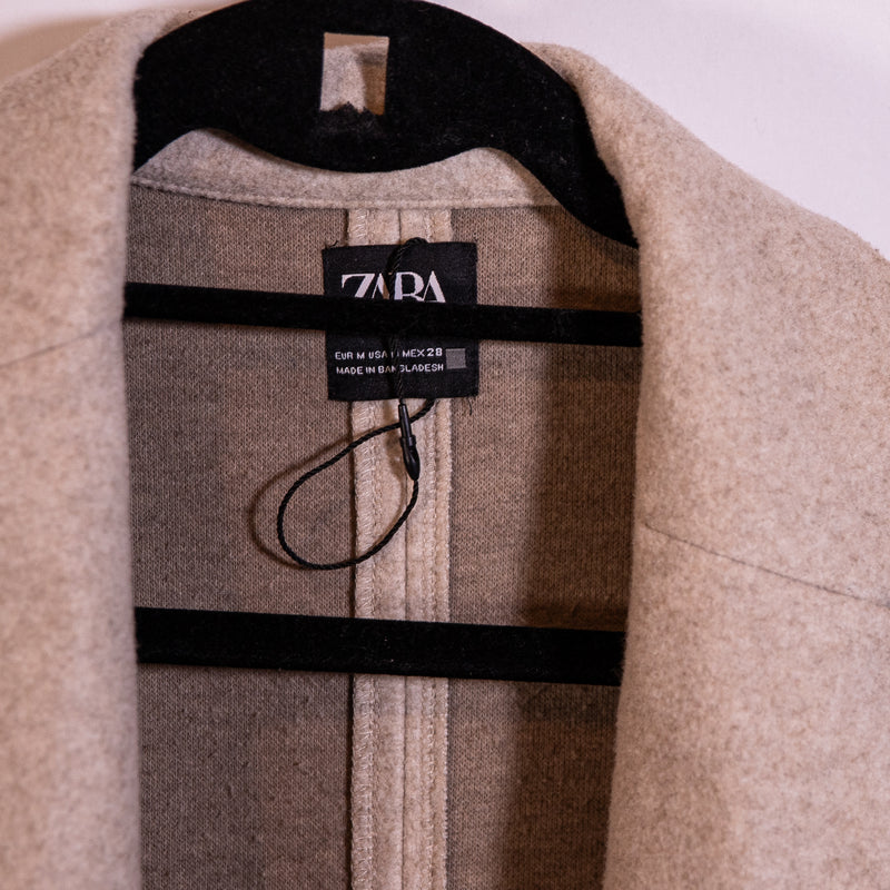 Zara Felt Open Front Collared Long Pea Coat Jacket Marled Gray Medium