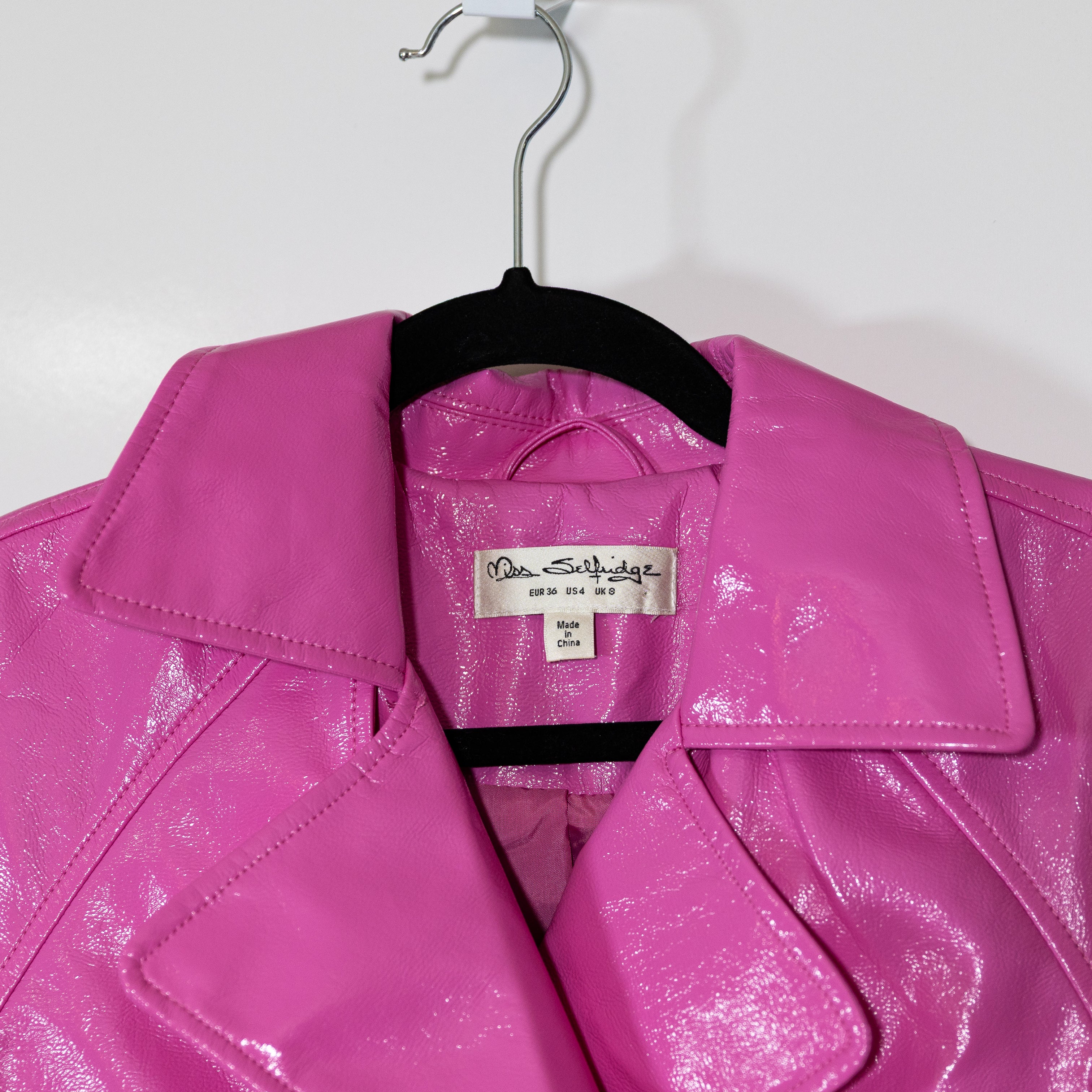 Miss Selfridge Vinyl Faux Leather Double Breasted Belted Trench Coat Bright Pink